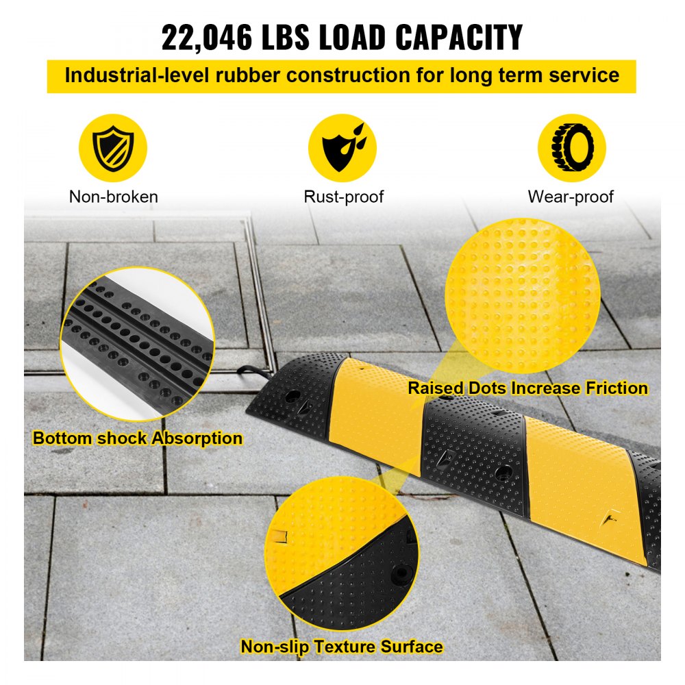 VEVOR 3 Feet Rubber Speed Bump Driveway Modular Heavy Duty Speed Bumps 38.6 x 11.4 x 2.2 Inch 2 Channel Cable Protector Ramp for Garage Gravel Roads Asphalt Concrete
