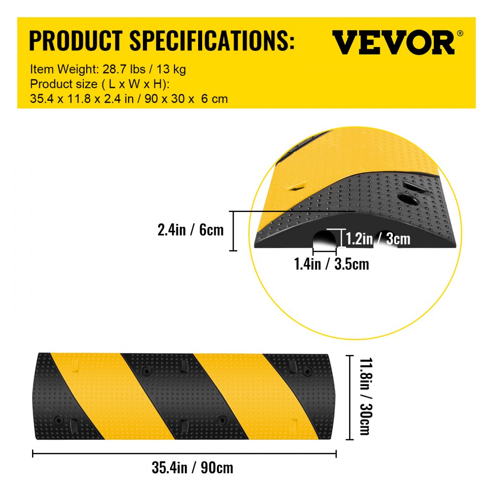 VEVOR 3 Feet Rubber Speed Bump Driveway Modular Heavy Duty Speed Bumps 38.6 x 11.4 x 2.2 Inch 2 Channel Cable Protector Ramp for Garage Gravel Roads Asphalt Concrete