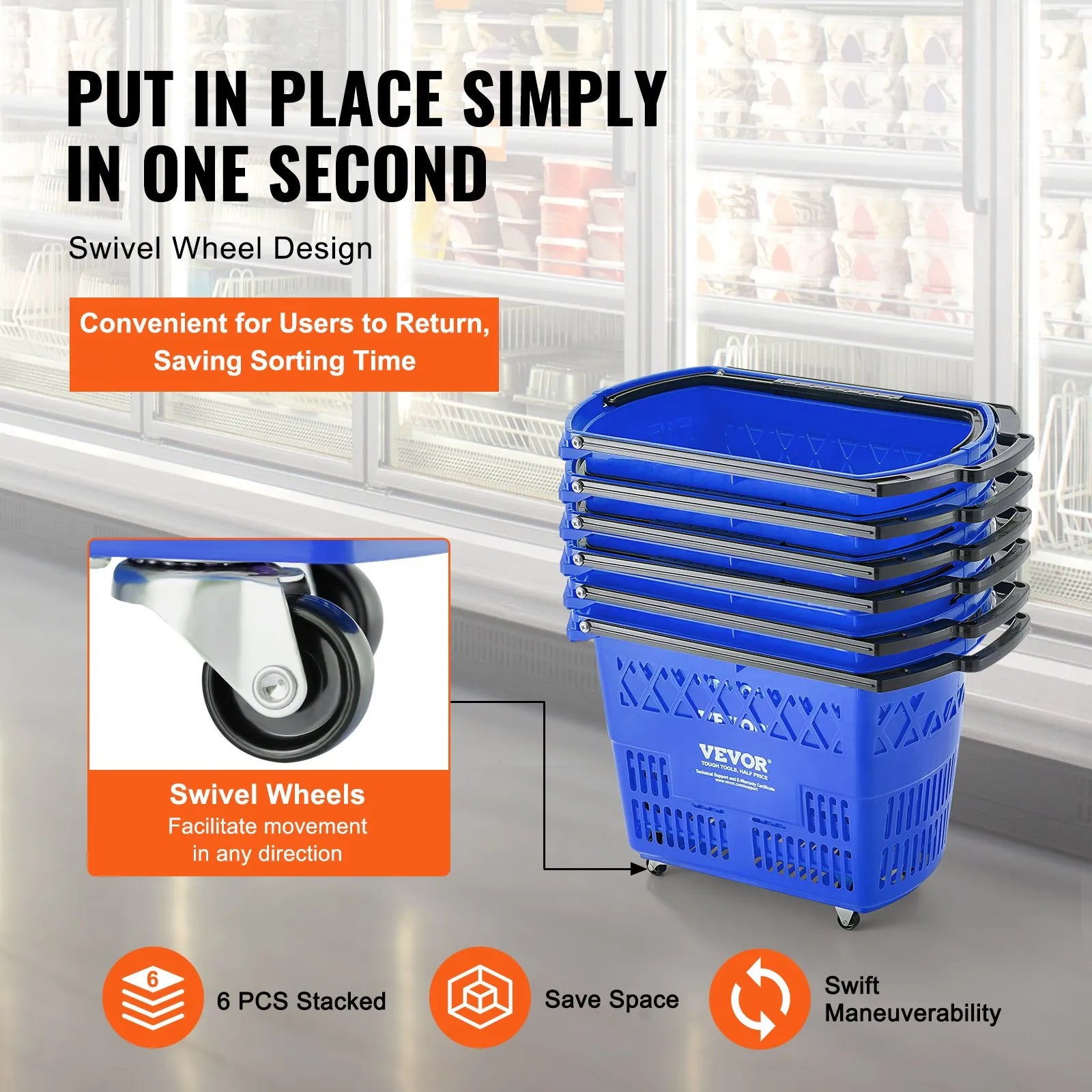 VEVOR Shopping Baskets, 6PCS, 39L Shopping Carts with Handles, Plastic Rolling Shopping Basket with Wheels, Large Portable Shopping Basket Set for Supermarkets, Retail Stores, Grocery Shopping, Blue
