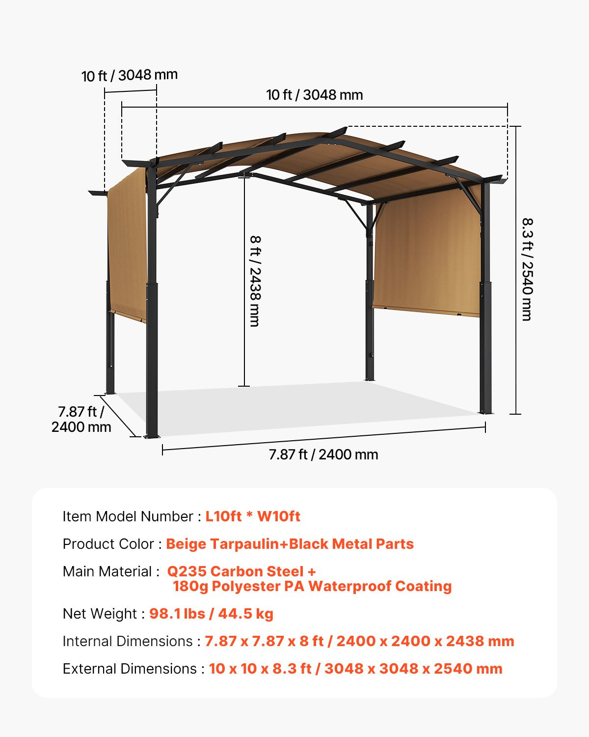 VEVOR 10x10 ft Outdoor Retractable Pergola with Canopy Arched Top Metal Pergola