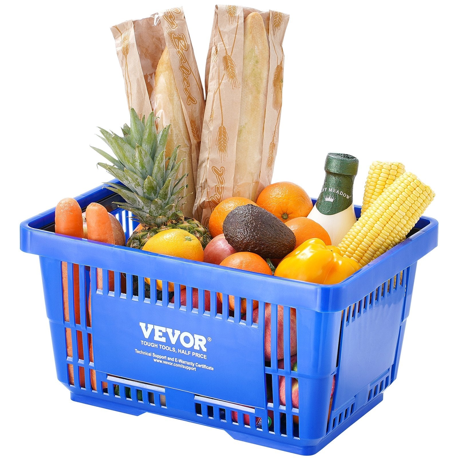 VEVOR Shopping Basket, Set of 12, 24L Durable Plastic Grocery Basket with Handle and Stand, 16.73 x 11.61 x 8.86 inch Portable Shop Basket Bulk Used for Retail Store Supermarket Grocery Shopping, Blue