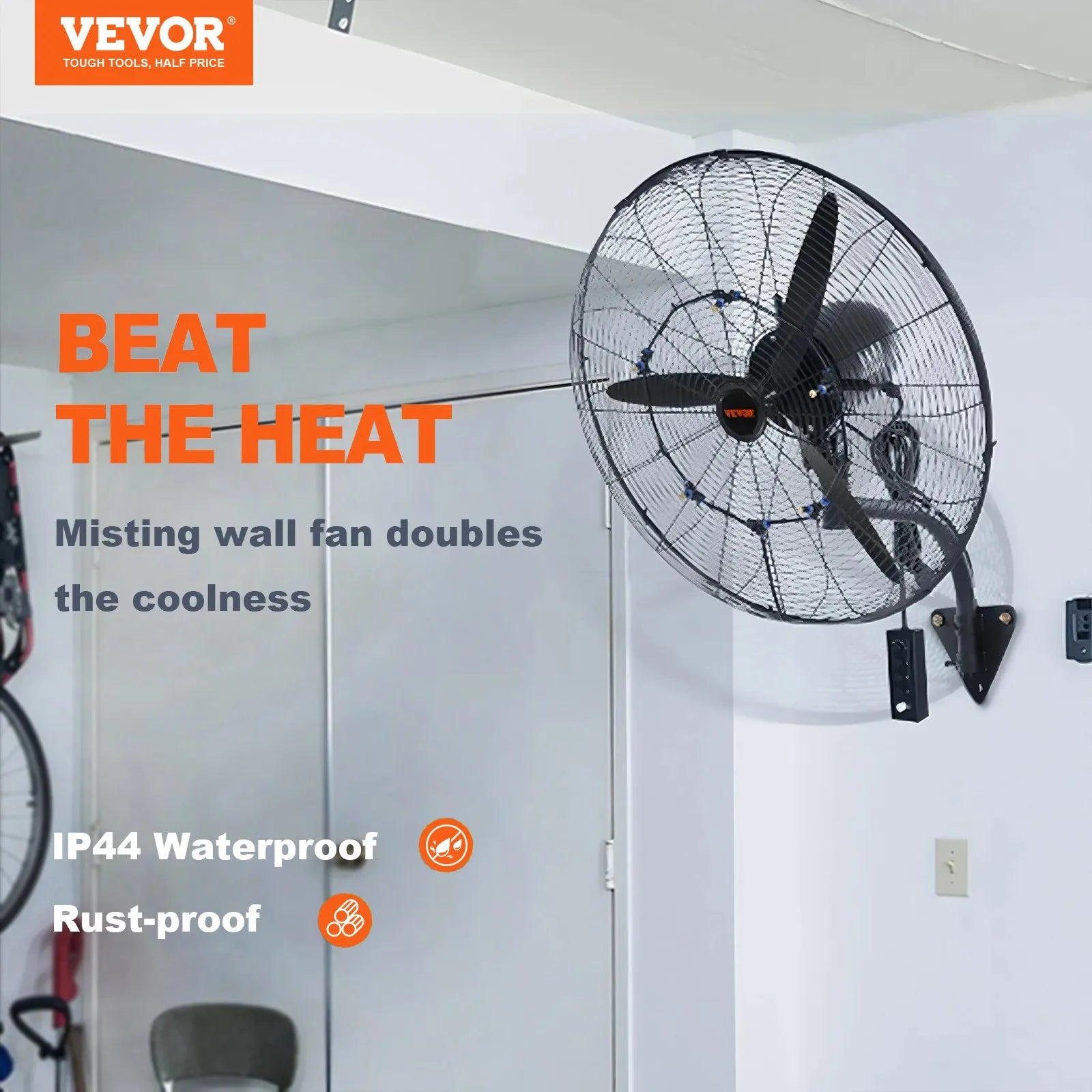 VEVOR Wall-Mount Misting Fan, 30 Inch, 3-speed High Velocity Max. 9500 CFM, Waterproof Oscillating Industrial Wall Fan, Commercial or Residential for Warehouse, Greenhouse, Workshop, Black, ETL Listed
