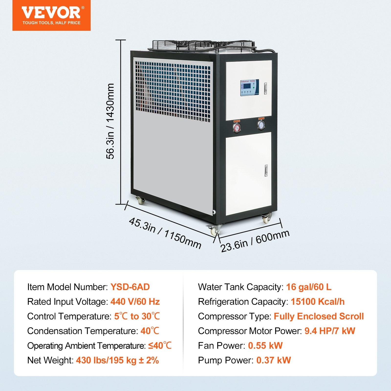 VEVOR Industrial Water Chiller, 9.4HP 16 Gal Air-Cooled Industrial Water Chiller, 15,100 Kcal/h Cooling Capacity with Finned Condenser Micro-Computer Control 60L Water Tank, for Cooling Water
