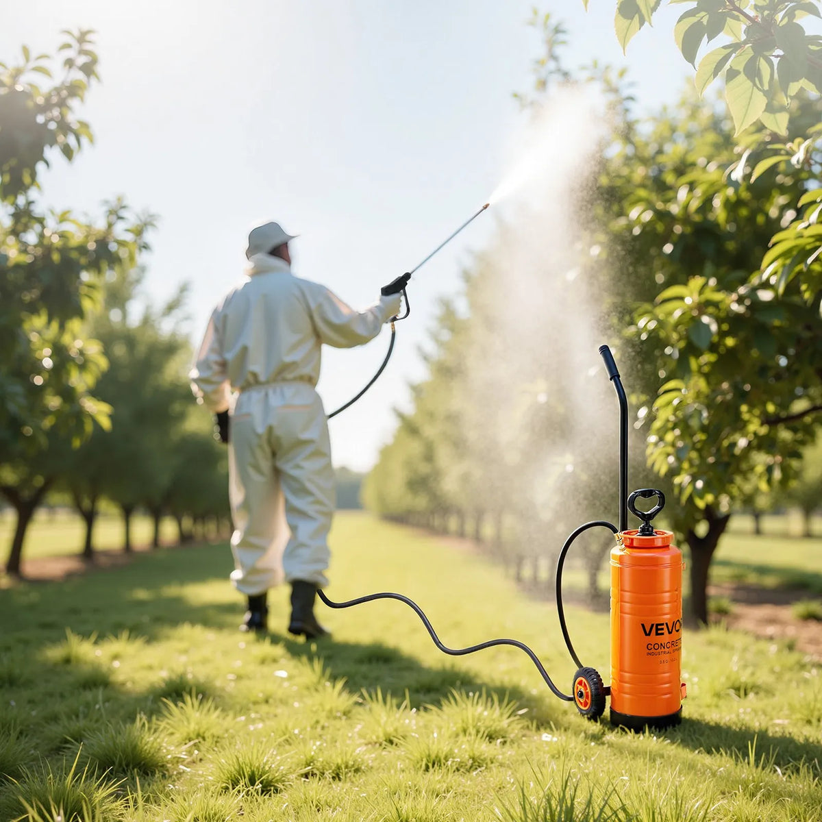 3.5 Gallon Stainless Steel Pump Sprayer with Wheeled Cart, 60 PSI, Brass Wand & Extended Hoses – Orange
