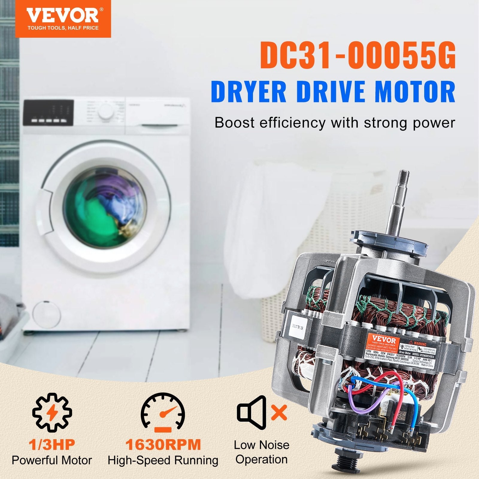 VEVOR DC31-00055G Dryer Drive Motor, 1/3HP, 1630RPM, Compatible with Samsung Kenmore, Replacement for 40299032011, 40299032012, 59289622, DV330AGB, DV331AEW, DV350AER, DV350AGR