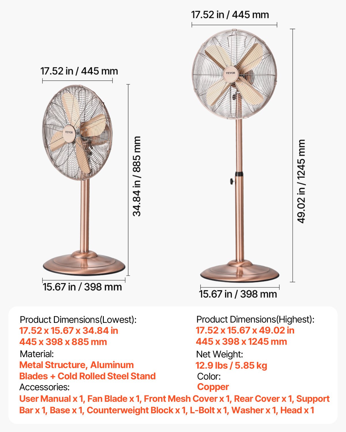 VEVOR 16" 3-Speed Industrial Pedestal Oscillating Fan Height Adjustable Copper