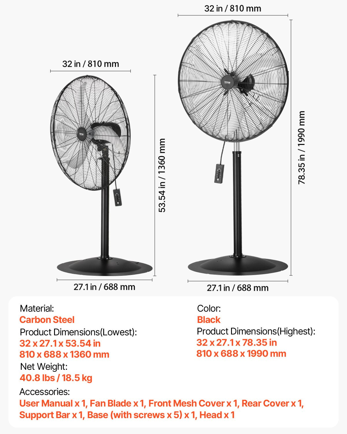 VEVOR 30" Industrial Pedestal Fan 3-Speed Oscillating Fan Height Adjustable