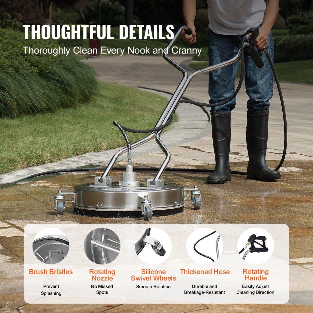 VEVOR 20" Pressure Washer Surface Cleaner w/ Handles & Wheels, Stainless Steel Concrete Cleaner 4500 Max PSI , 3/8"Connector & 1/4" Adapter Power Washer Floor Attachment,For Floor Driveway, Patio