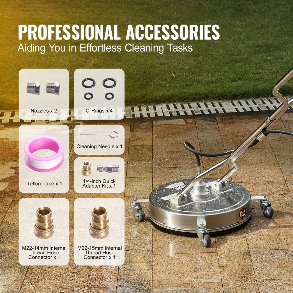 VEVOR 20" Pressure Washer Surface Cleaner w/ Handles & Wheels, Stainless Steel Concrete Cleaner 4500 Max PSI , 3/8"Connector & 1/4" Adapter Power Washer Floor Attachment,For Floor Driveway, Patio