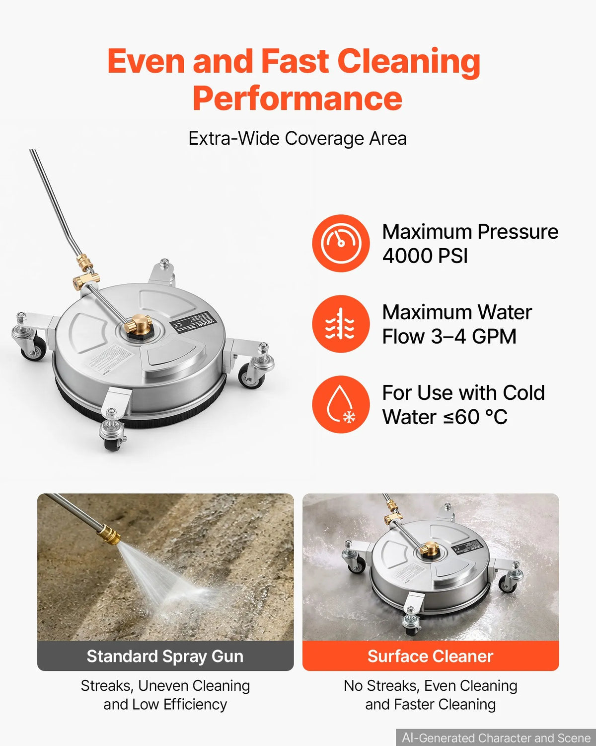 13" Stainless Steel Pressure Washer Surface Cleaner with Wheels