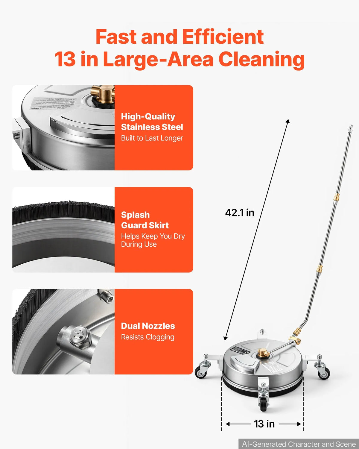 13" Stainless Steel Pressure Washer Surface Cleaner with Wheels