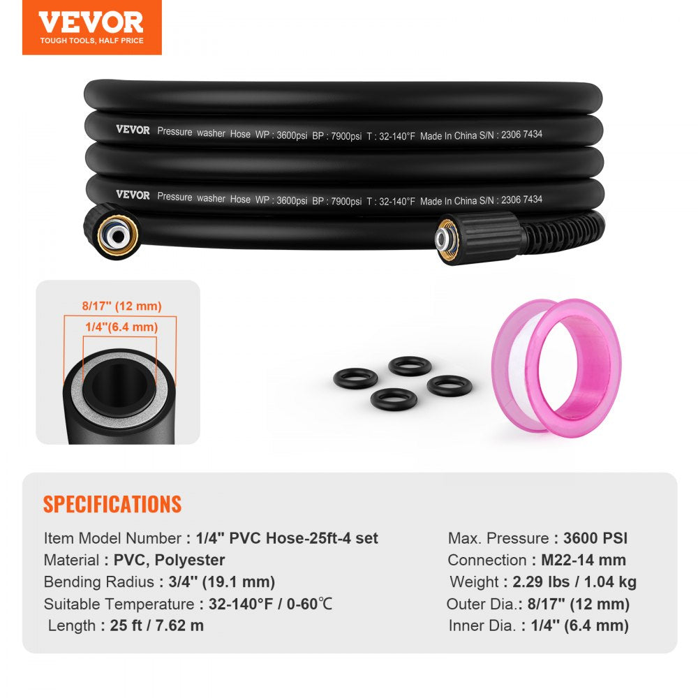 VEVOR Pressure Washer Hose, 25 FT, 1/4" Kink Free M22-14mm Brass Thread Replacement For Most Brand Pressure Washers, 3/4'' Bending Radius, 3600 PSI Heavy Duty Power Washer Extension Replacement Hose
