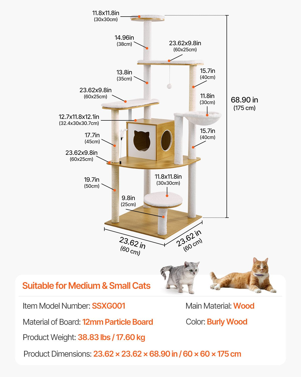 VEVOR Large Cat Tree Tall Cat Tower Multi-level Condo Play House for Indoor Cat