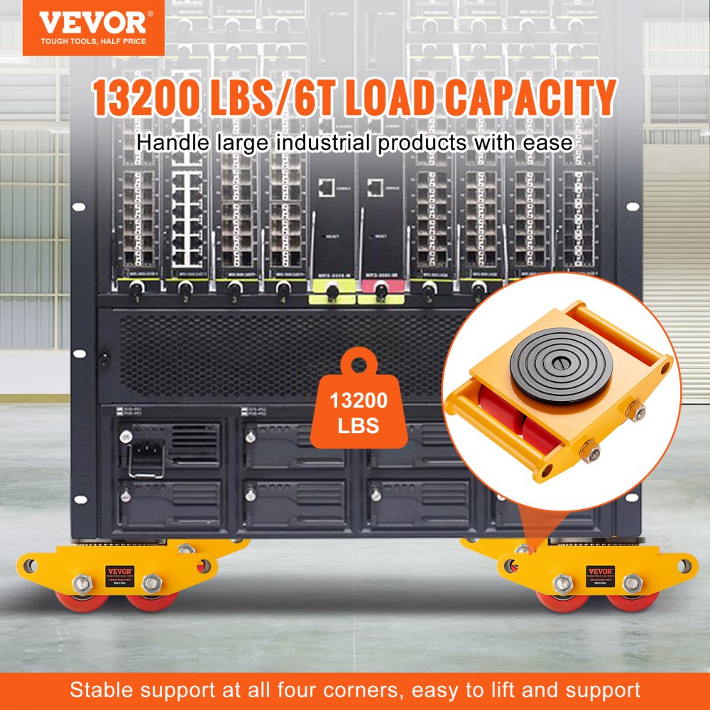 VEVOR Machinery Skate Dolly, 13,200 LBS/6T Industrial Machinery Mover, Heavy Duty Carbon Steel Machinery Moving Skate with 4 PU Wheels and 360° Rotation Non-Slip Cap for Warehouse, Workshop, Factory