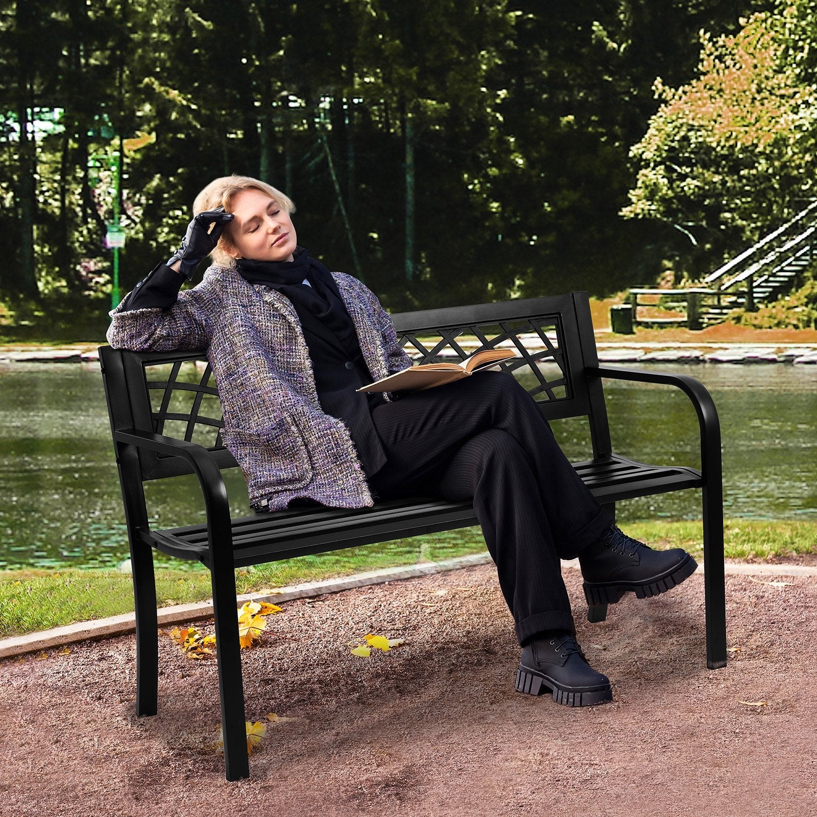 VEVOR Outdoor Bench, 46 inches Metal Garden Bench for Outdoors, 480 lbs Load Capacity Bench, Outdoor Garden Park Bench with Backrest and Armrests, Patio Bench for Garden, Park, Yard, Front Porch