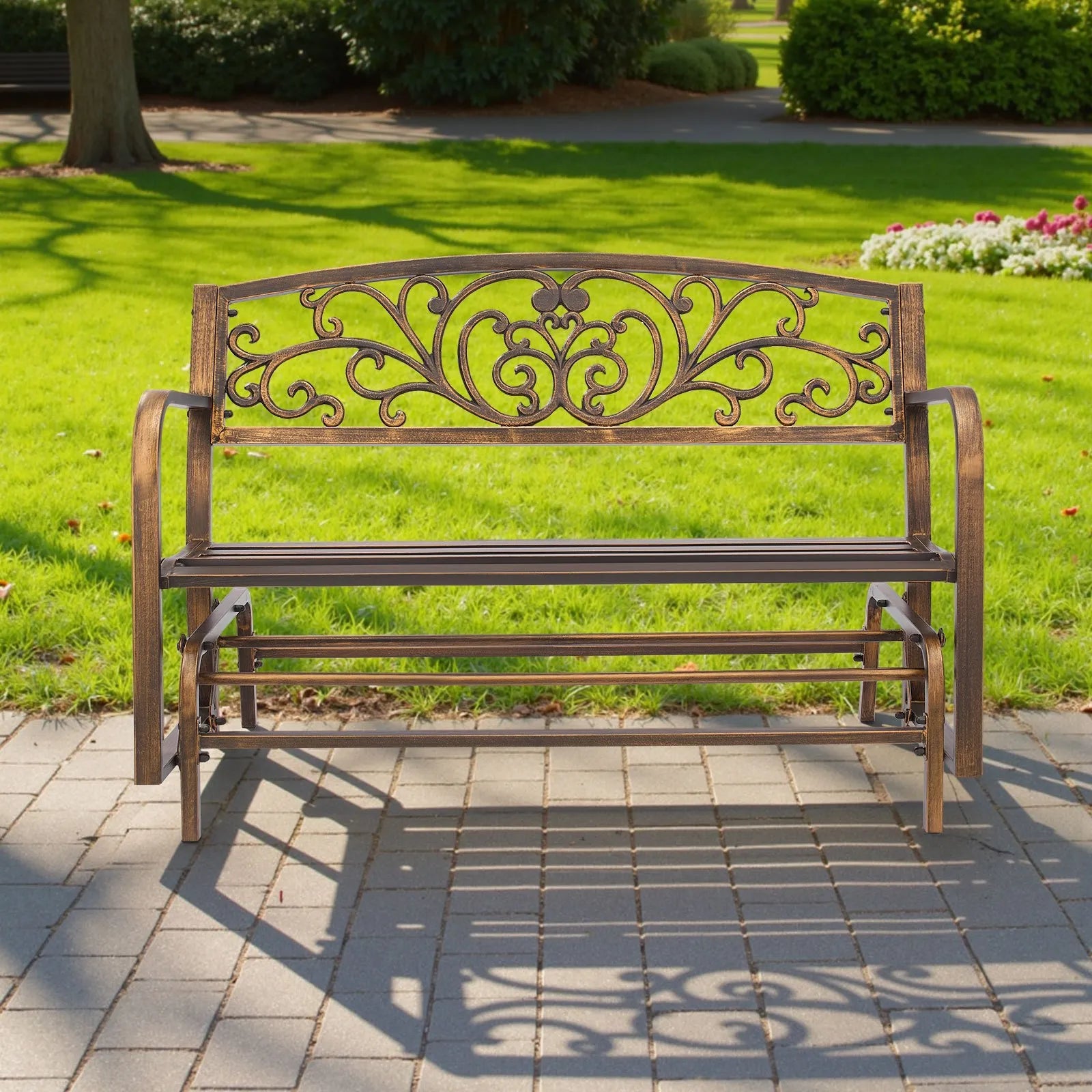 50" Outdoor Glider Bench, Antique Bronze Patio Bench with Cast Iron Backrest & Steel Frame