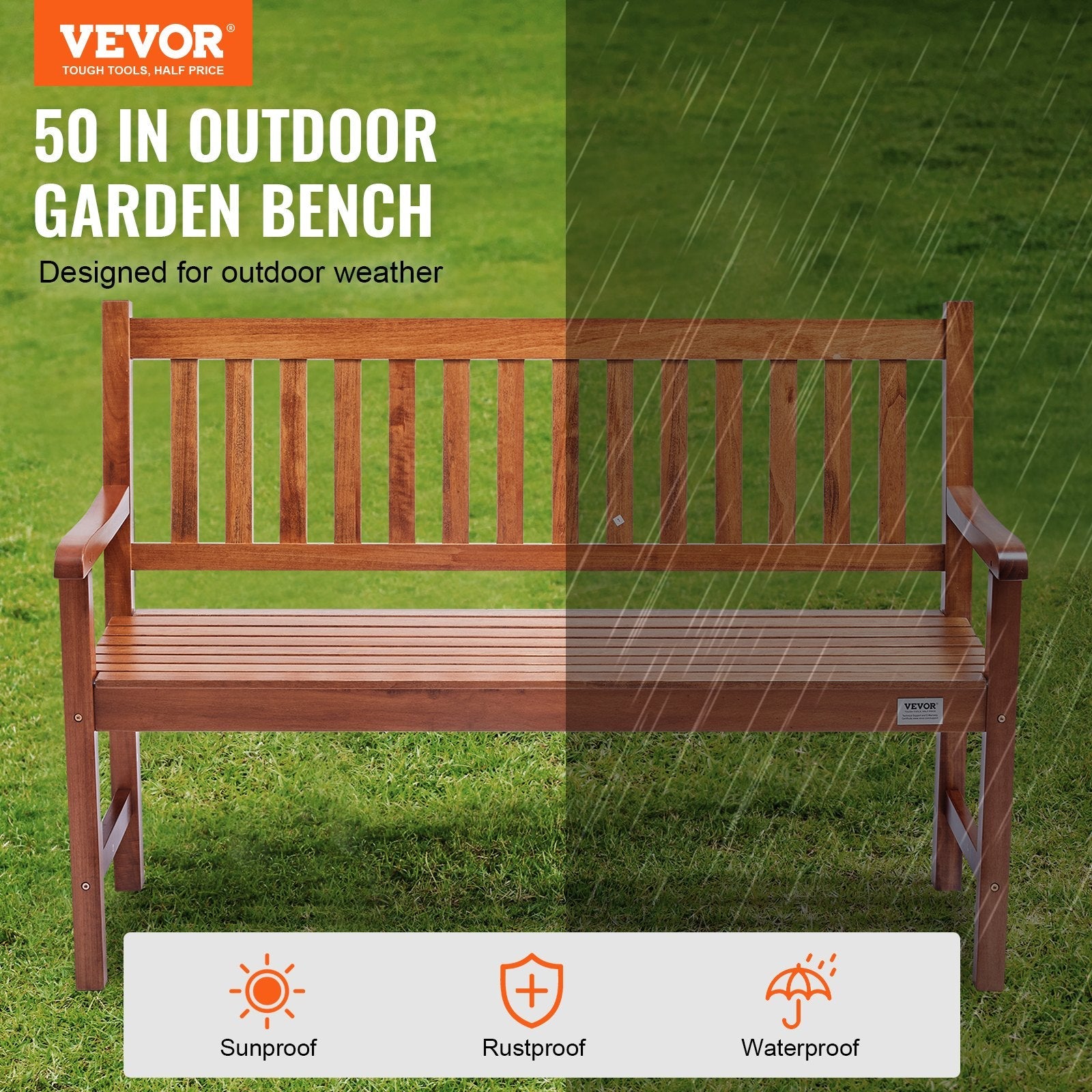 VEVOR Outdoor Bench, 50 inches Wood Garden Bench for Outdoors, 800 lbs Load Capacity Bench, Outdoor Garden Park Bench with Backrest and Armrests, Patio Bench for Garden, Park, Yard, Front Porch