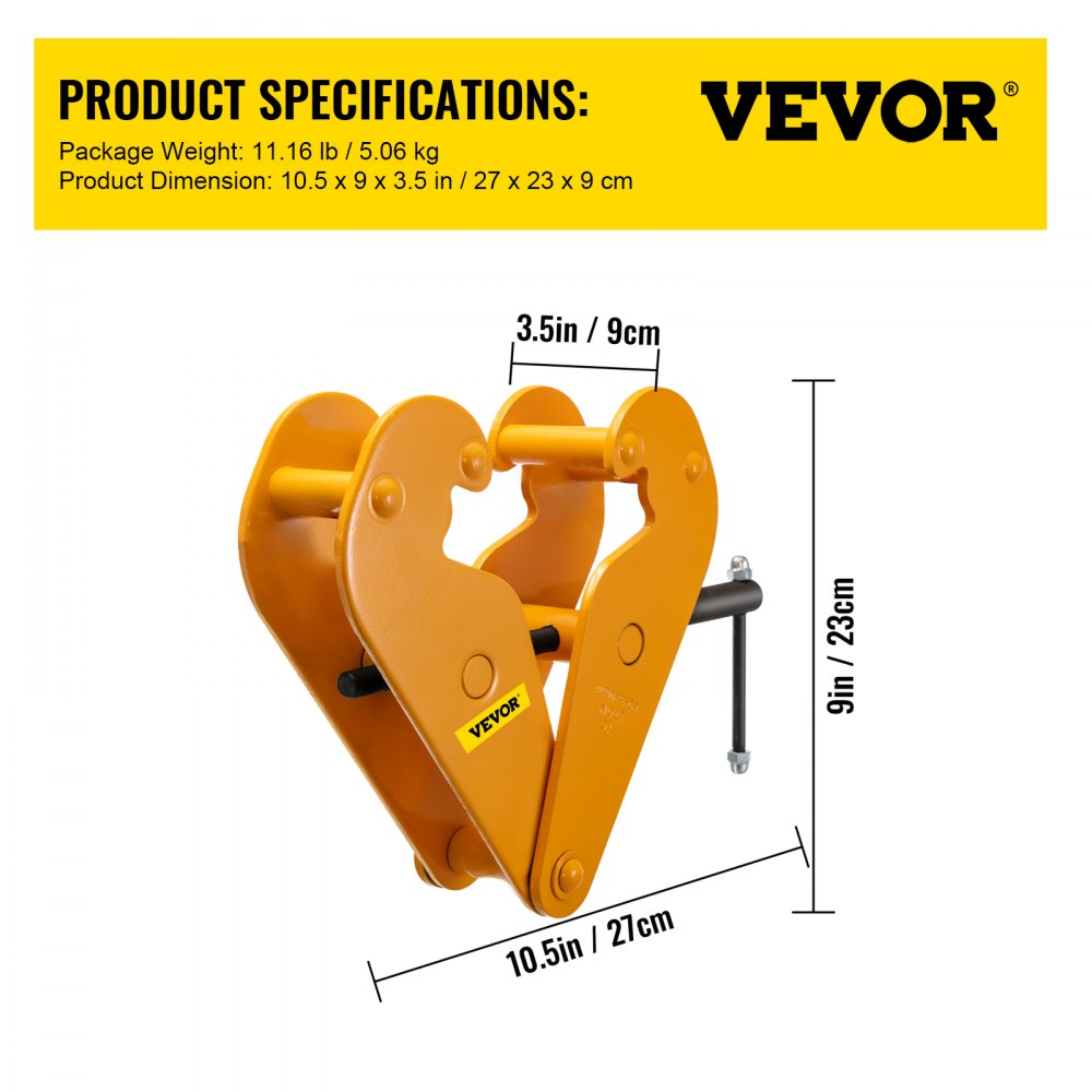 Vevor Beam Clamp Beam Lifting Clamp 4400lbs/2t Heavy Duty Beam Hangers In Yellow