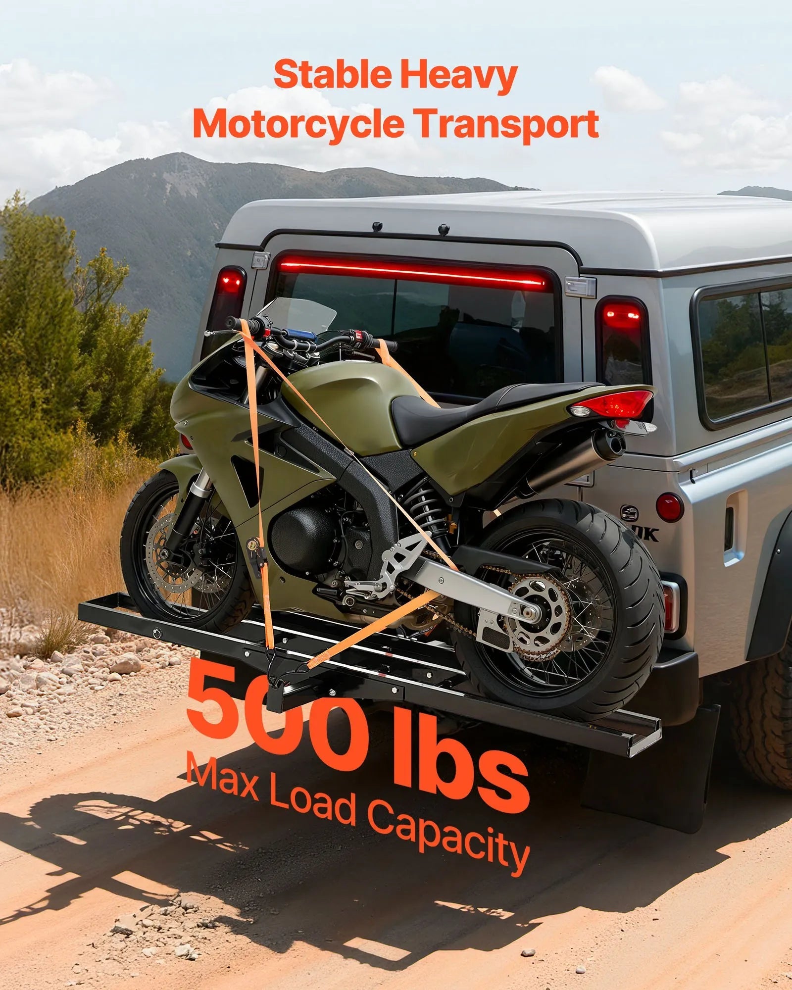 VEVOR Motorcycle Carrier, 500 lbs Capacity, Heavy Duty Steel Hitch Mount Rack with 47in Ramp, Ratchet Straps & Stabilizer, Scooter Dirt Bike Trailer Hauler for Car Truck with 2-Inch Hitch Receiver