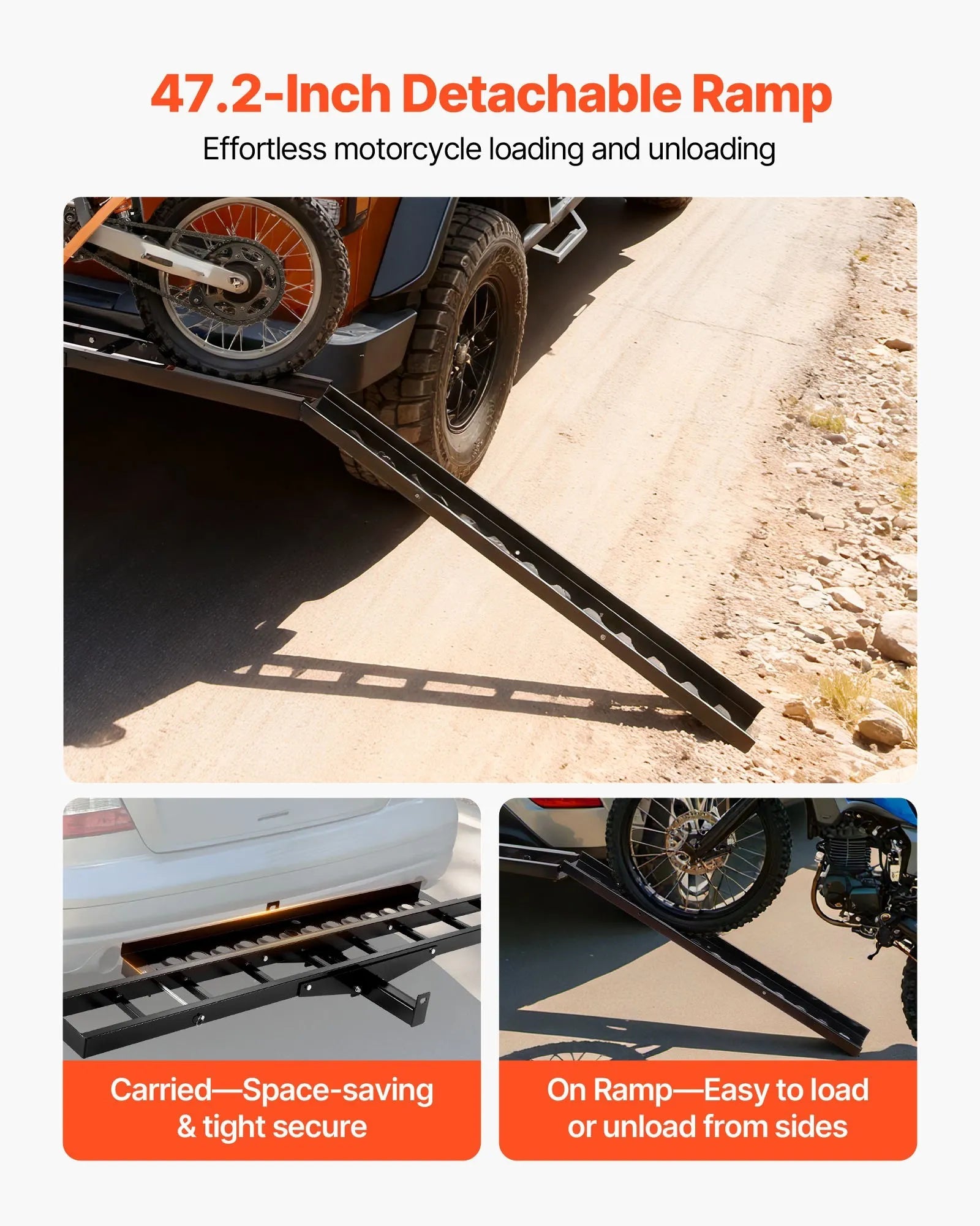 VEVOR Motorcycle Carrier, 500 lbs Capacity, Heavy Duty Steel Hitch Mount Rack with 47in Ramp, Ratchet Straps & Stabilizer, Scooter Dirt Bike Trailer Hauler for Car Truck with 2-Inch Hitch Receiver