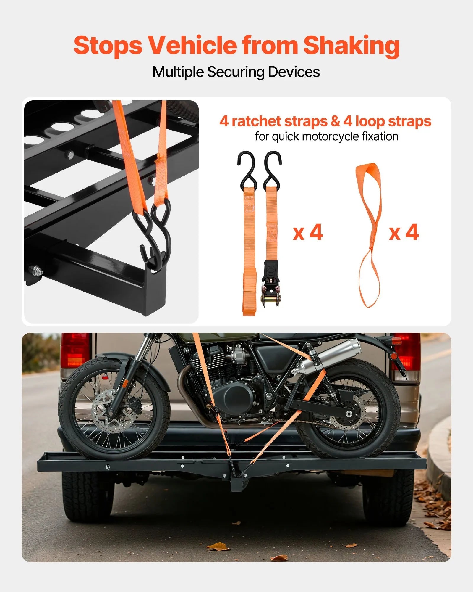VEVOR Motorcycle Carrier, 500 lbs Capacity, Heavy Duty Steel Hitch Mount Rack with 47in Ramp, Ratchet Straps & Stabilizer, Scooter Dirt Bike Trailer Hauler for Car Truck with 2-Inch Hitch Receiver
