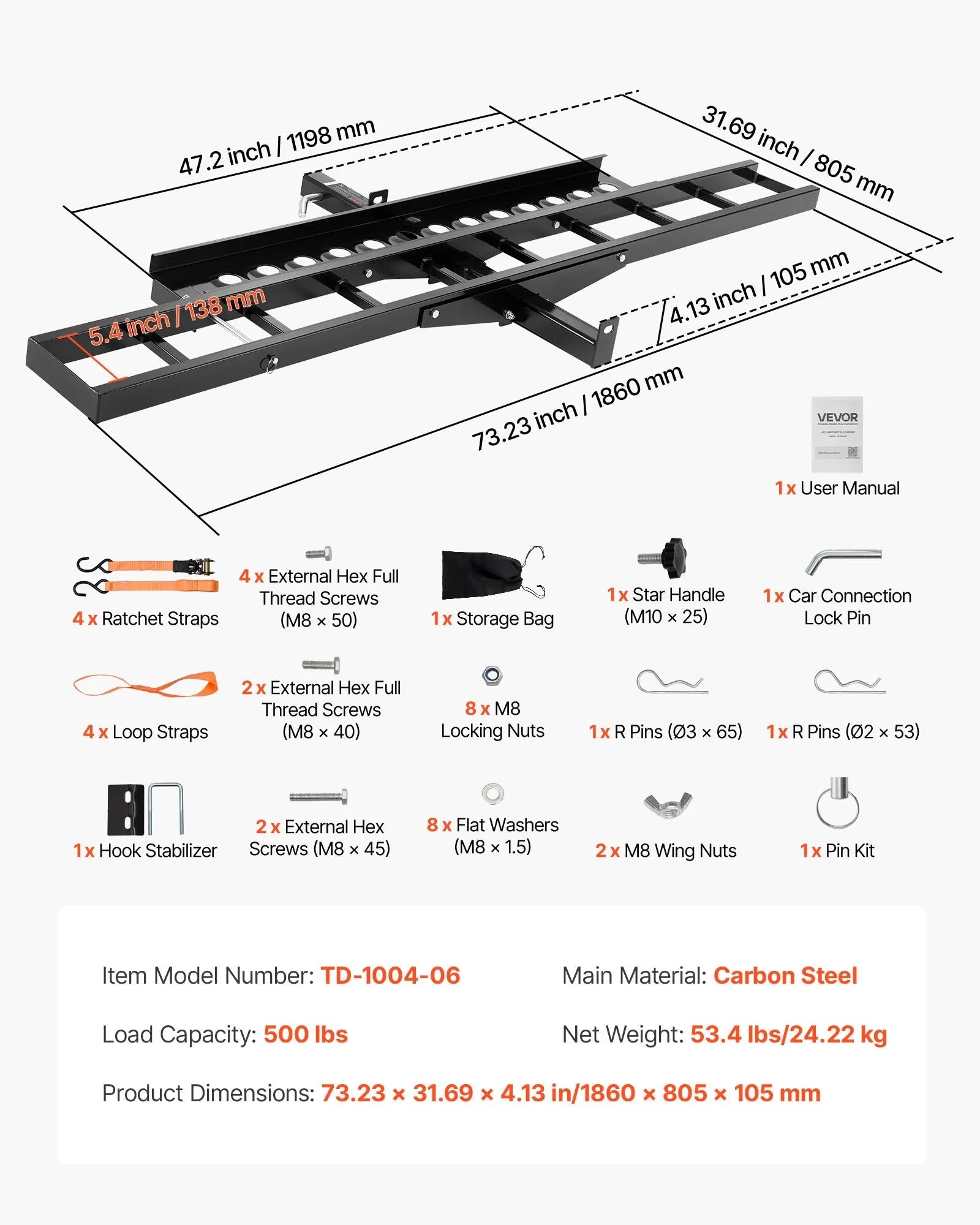 VEVOR Motorcycle Carrier, 500 lbs Capacity, Heavy Duty Steel Hitch Mount Rack with 47in Ramp, Ratchet Straps & Stabilizer, Scooter Dirt Bike Trailer Hauler for Car Truck with 2-Inch Hitch Receiver