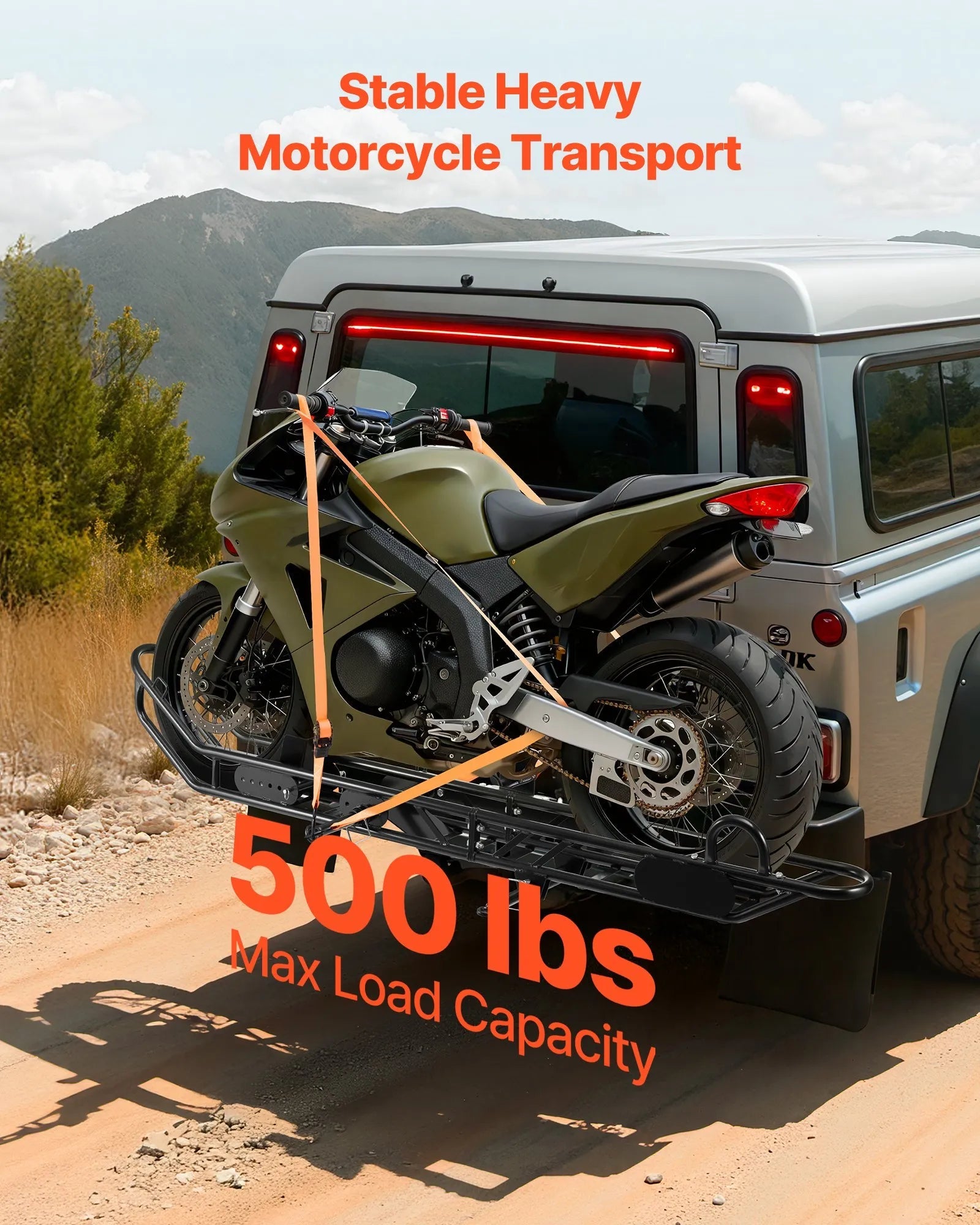VEVOR Motorcycle Carrier, 500 lbs Capacity, Heavy Duty Steel Hitch Mount Rack with Anti-Tilt Lock Device, Straps & Stabilizer, Scooter Dirt Bike Trailer Hauler for Car Truck with 2-Inch Hitch Receiver