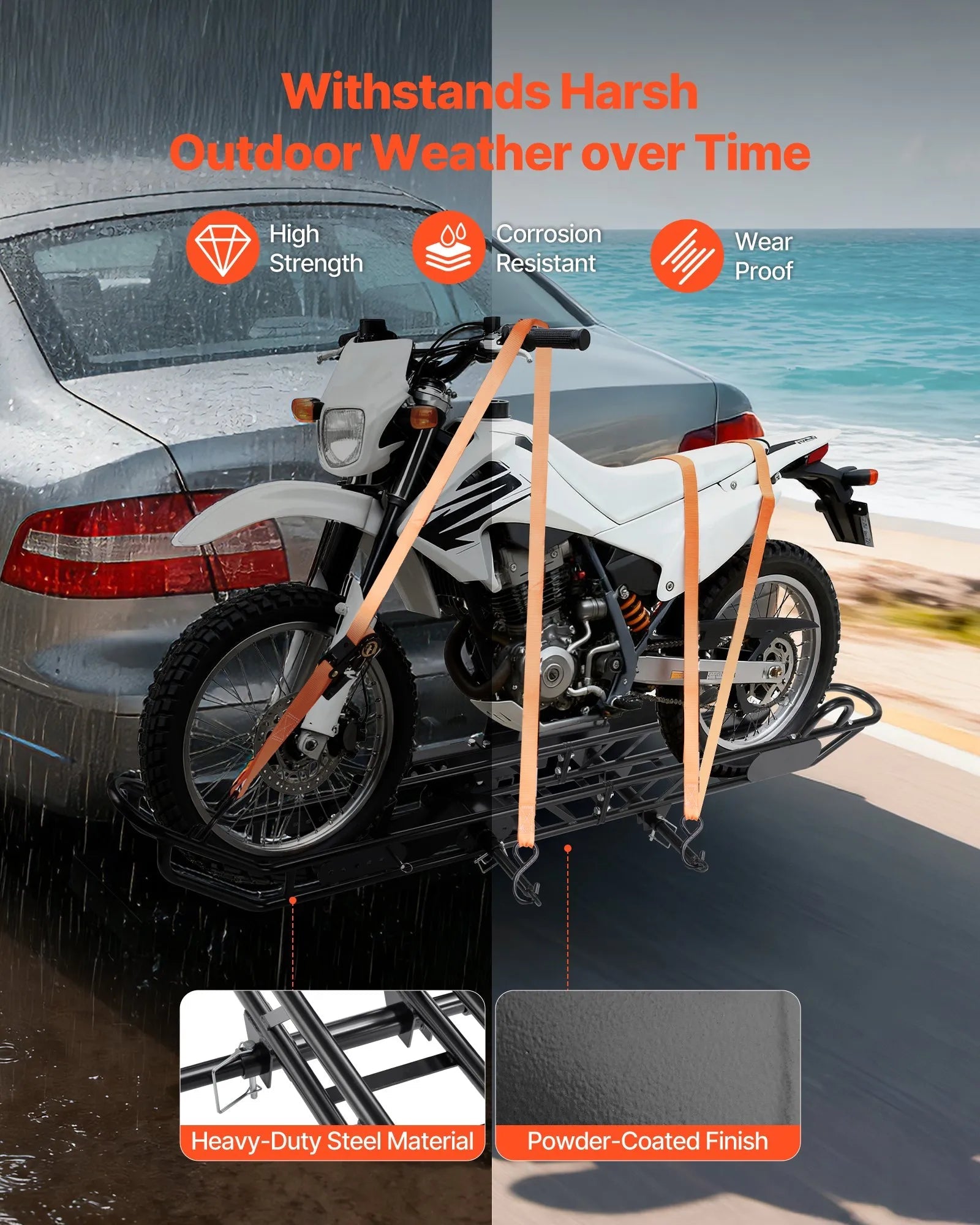 VEVOR Motorcycle Carrier, 500 lbs Capacity, Heavy Duty Steel Hitch Mount Rack with Anti-Tilt Lock Device, Straps & Stabilizer, Scooter Dirt Bike Trailer Hauler for Car Truck with 2-Inch Hitch Receiver