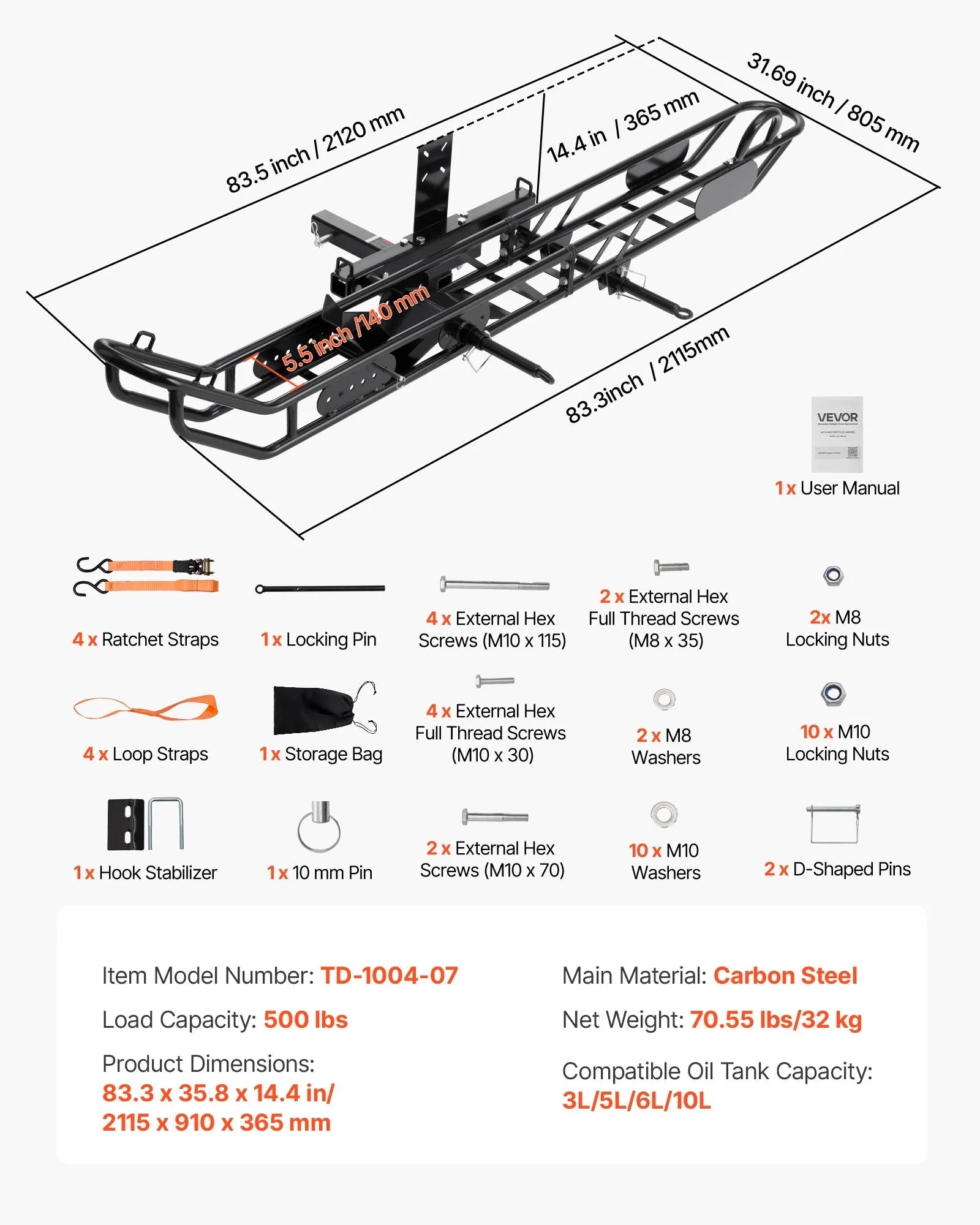 VEVOR Motorcycle Carrier, 500 lbs Capacity, Heavy Duty Steel Hitch Mount Rack with Anti-Tilt Lock Device, Straps & Stabilizer, Scooter Dirt Bike Trailer Hauler for Car Truck with 2-Inch Hitch Receiver