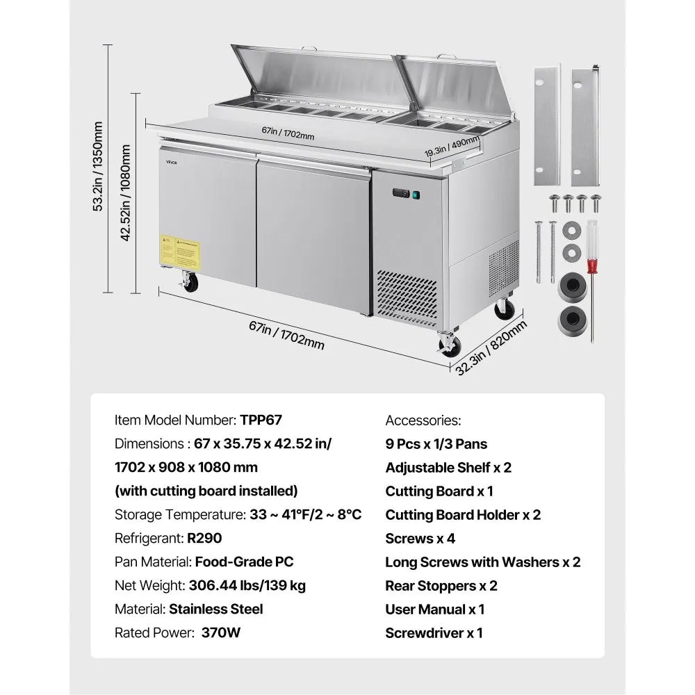 VEVOR 67"W Commercial Refrigerator, Pizza Prep Refrigerated Table, 20" Ultra Wide Countertop Food Prep Worktable, 20.3 Cu.Ft Single Door Salad Prep Fridge, 9 Pans Pizza Make Worktop with Cutting Board