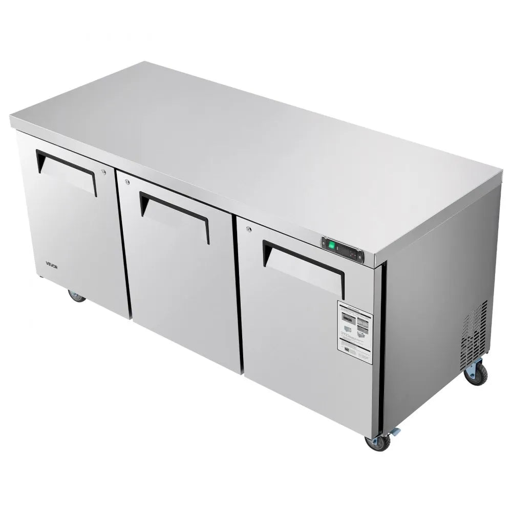 VEVOR 72" W Commercial Freezer, 17.7 Cu.Ft Worktop Freezers Undercounter with LED Auto Lighting and Lockable Door, 3 Doors Food Freezing Prep Worktable, Stainless Steel Prep Frozen Table with Casters