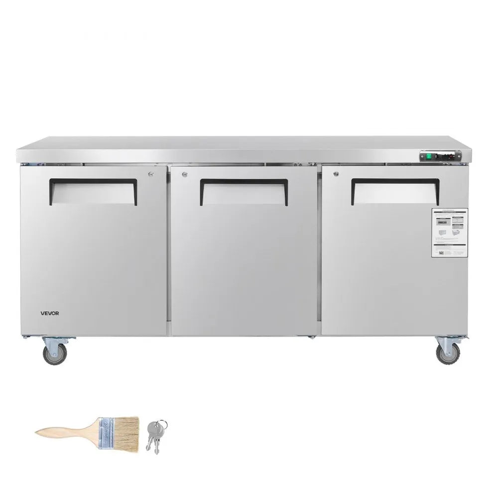 VEVOR 72" W Commercial Freezer, 17.7 Cu.Ft Worktop Freezers Undercounter with LED Auto Lighting and Lockable Door, 3 Doors Food Freezing Prep Worktable, Stainless Steel Prep Frozen Table with Casters