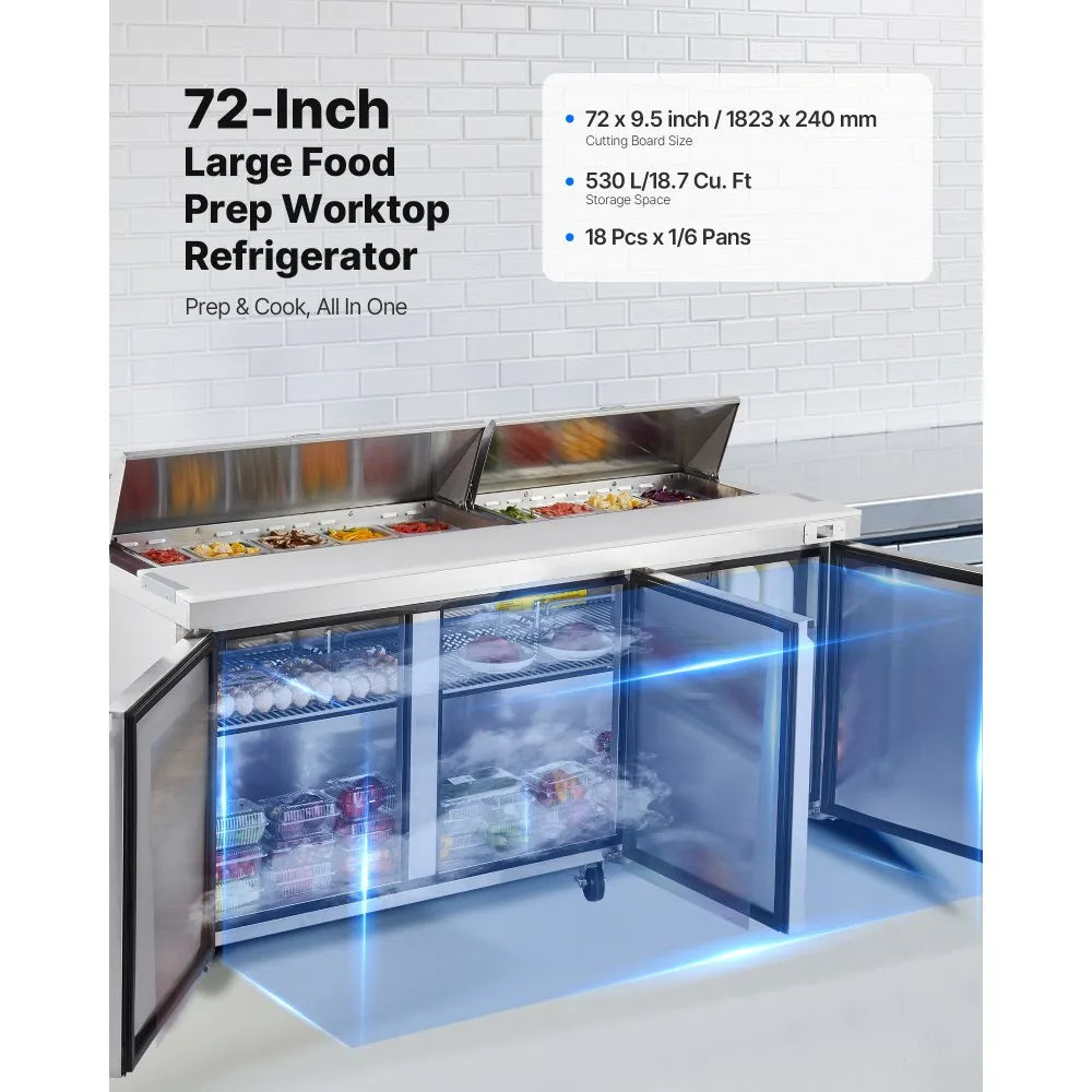 VEVOR 72"W Commercial Refrigerator, 18.7 Cu. Ft Sandwich Prep Refrigerated Table, Mega Top Food Prep Fridge with 18 Pans and Cutting Board, Stainless Steel Salad Prep Cooler for Restaurant, Food Truck