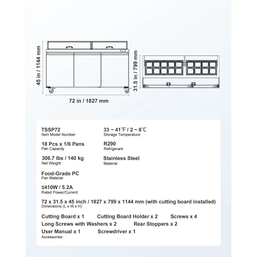 VEVOR 72"W Commercial Refrigerator, 18.7 Cu. Ft Sandwich Prep Refrigerated Table, Mega Top Food Prep Fridge with 18 Pans and Cutting Board, Stainless Steel Salad Prep Cooler for Restaurant, Food Truck