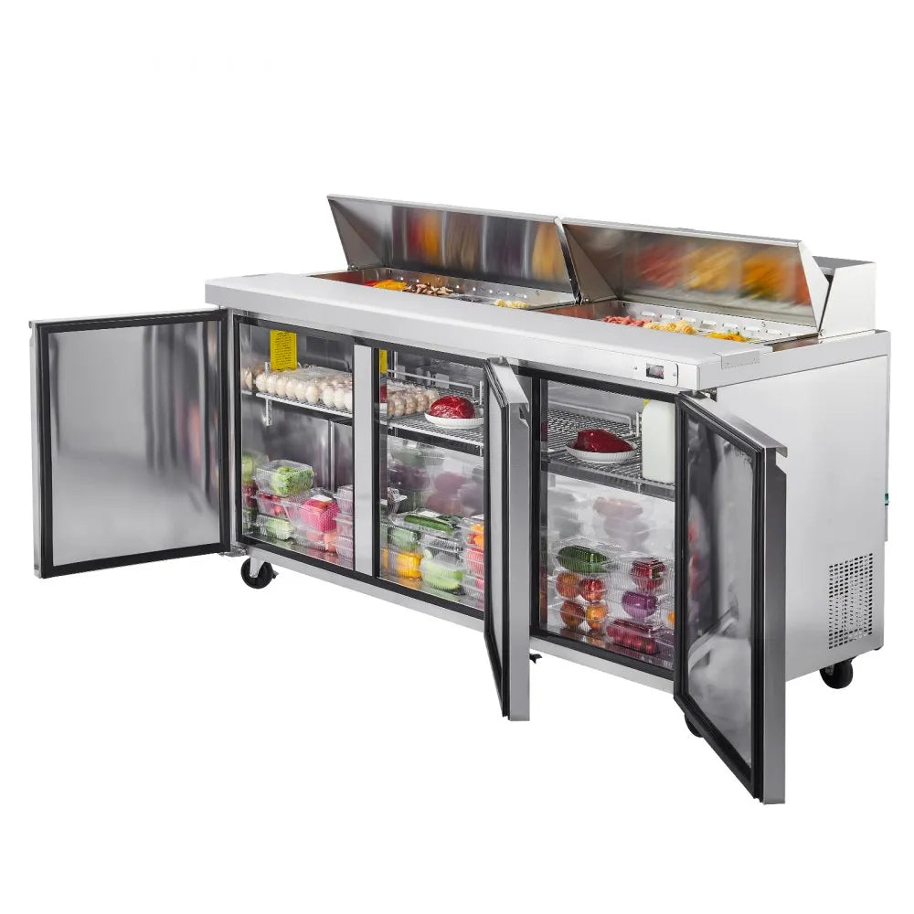 VEVOR 72"W Commercial Refrigerator, 18.7 Cu. Ft Sandwich Prep Refrigerated Table, Mega Top Food Prep Fridge with 18 Pans and Cutting Board, Stainless Steel Salad Prep Cooler for Restaurant, Food Truck