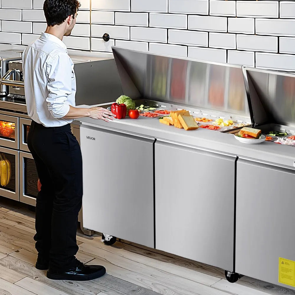 VEVOR 72"W Commercial Refrigerator, 18.7 Cu. Ft Sandwich Prep Refrigerated Table, Mega Top Food Prep Fridge with 30 Pans and Cutting Board, Stainless Steel Salad Prep Cooler for Restaurant, Food Truck