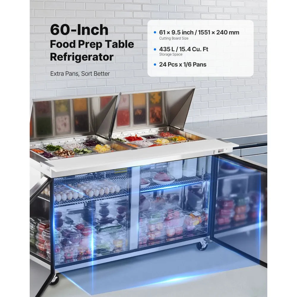 VEVOR 60"W Commercial Refrigerator, 15.4 Cu. Ft Sandwich Prep Refrigerated Table, Mega Top Food Prep Fridge with 24 Pans and Cutting Board, Stainless Steel Salad Prep Cooler for Restaurant, Food Truck