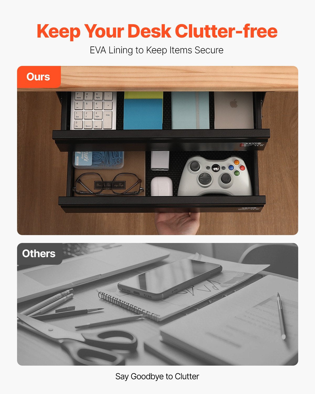 VEVOR 2 Drawer 16" Under Desk Drawer Organizer Slide-out Drawer Space Saver Home