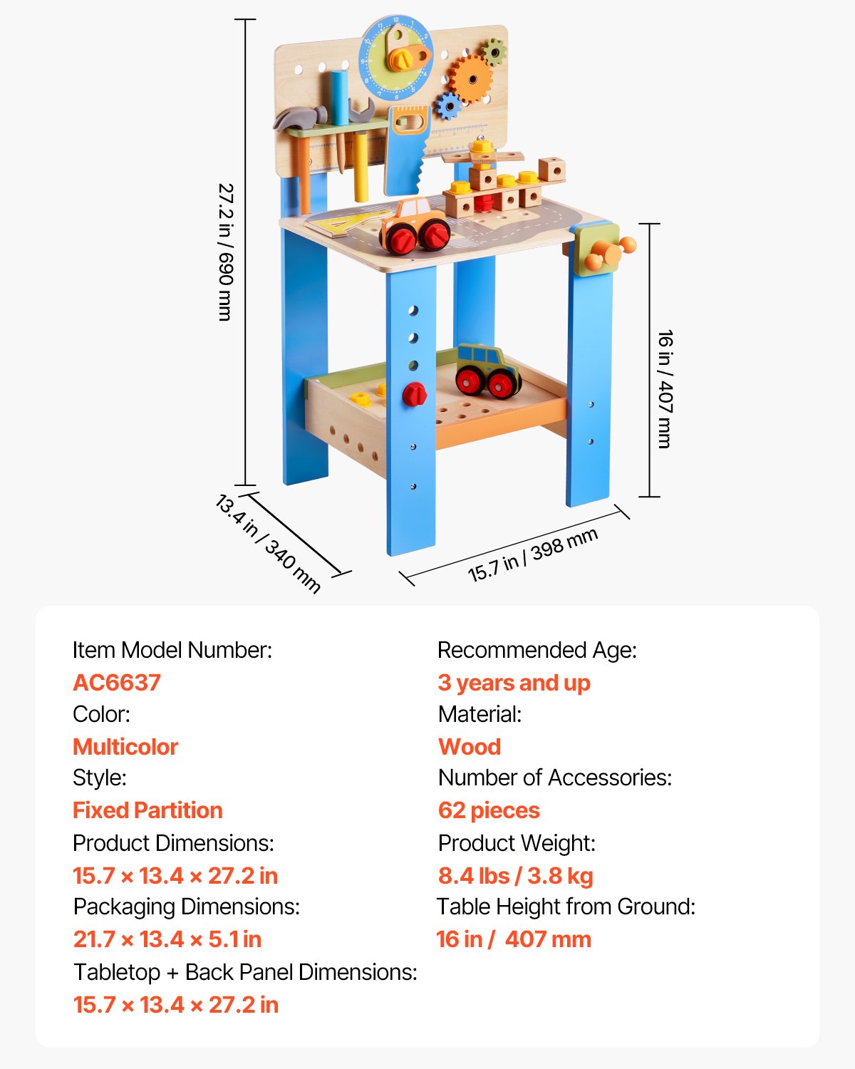 VEVOR Wooden Tool Bench for Kids 3 Years+ Toy Workbench Pretend Play Toy Kits