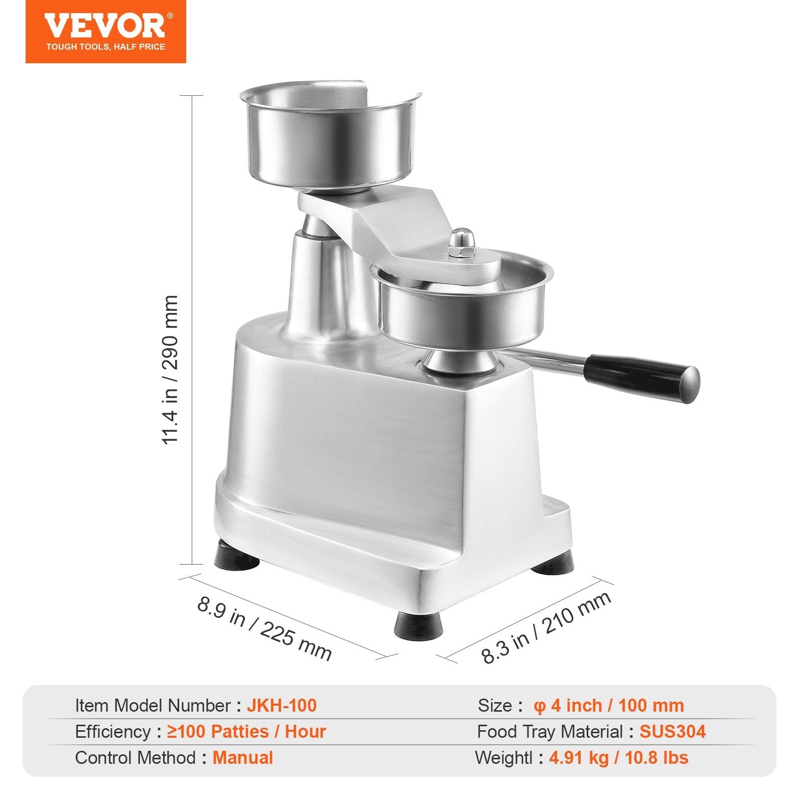 VEVOR Commercial Burger Patty Maker, 100mm/4inch Hamburger Beef Patty Maker, Heavy Duty Food-Grade Stainless Steel Bowl Burger Press Machine, Kitchen Meat Forming Processor with 1000 Pcs Patty Papers