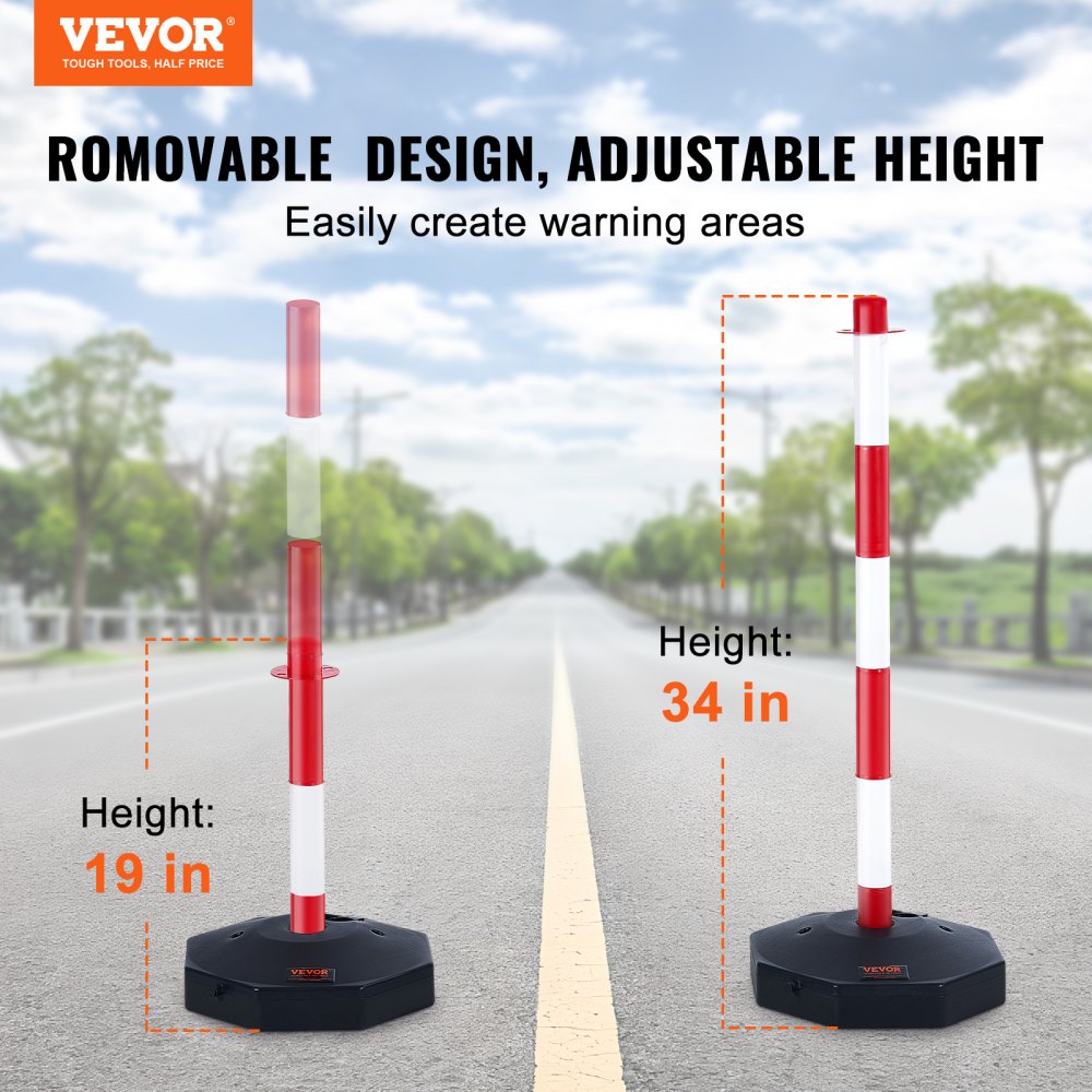 VEVOR Adjustable Traffic Delineator Post Cones, 4 Pack, Traffic Safety Delineator Barrier with Fillable Base 8FT Chain, for Traffic Control Warning Parking Lot Construction Caution Roads, Red & White