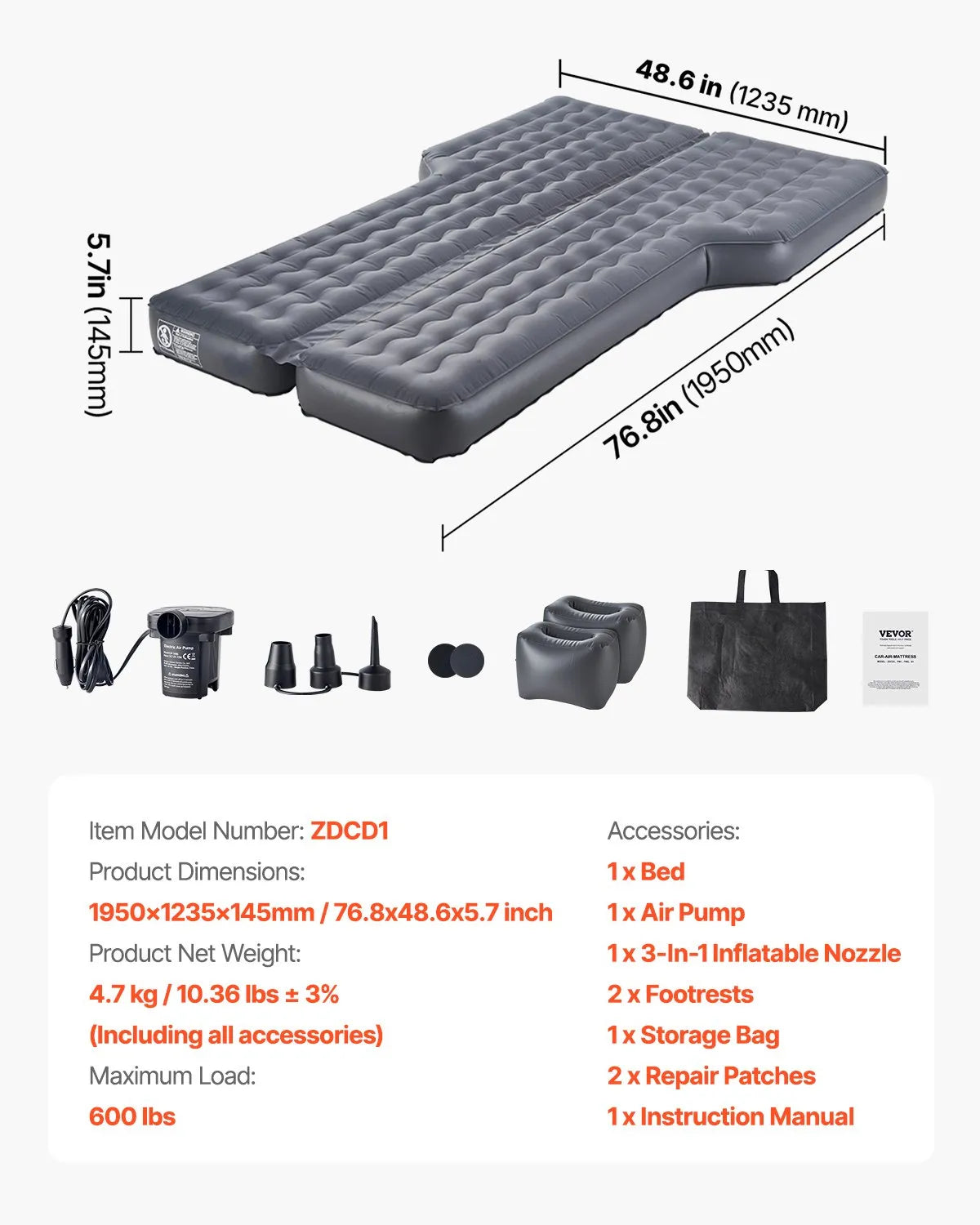 VEVOR Car Air Mattress Inflatable Car Camping Travel Sleeping Bed SUV MPV Sedan