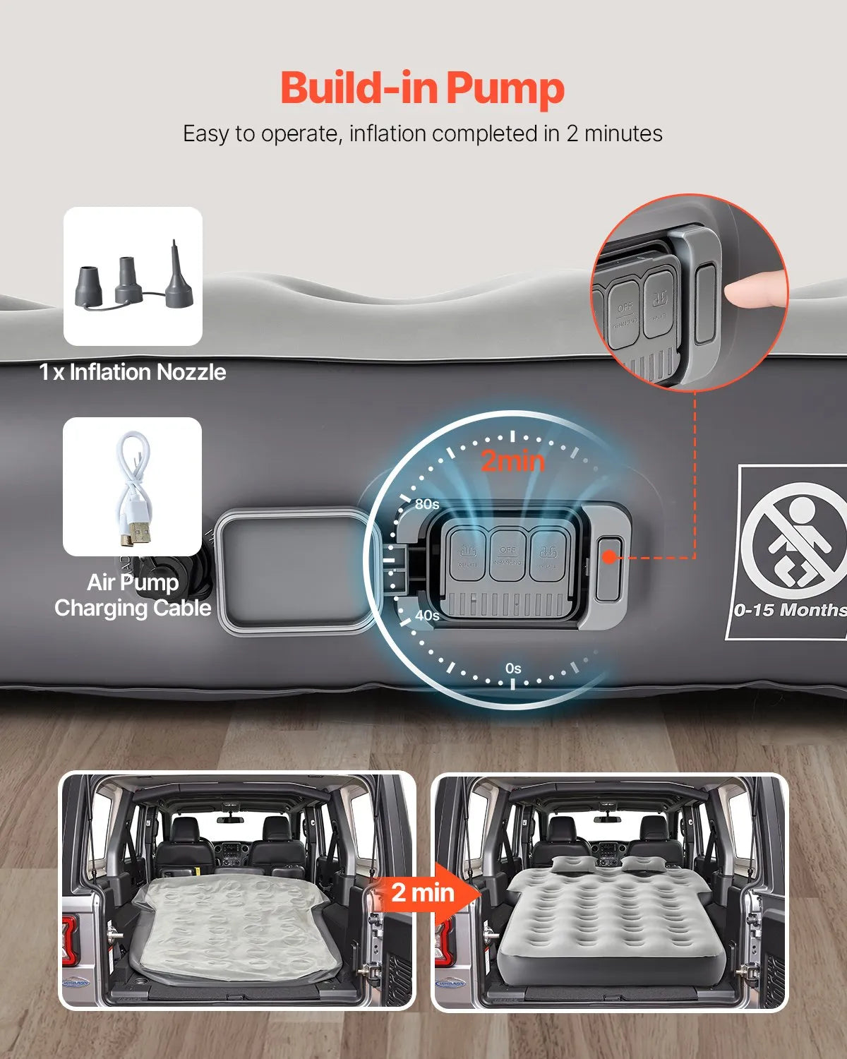 VEVOR Car Air Mattress Inflatable Car Camping Travel Sleeping Bed Built in Pump