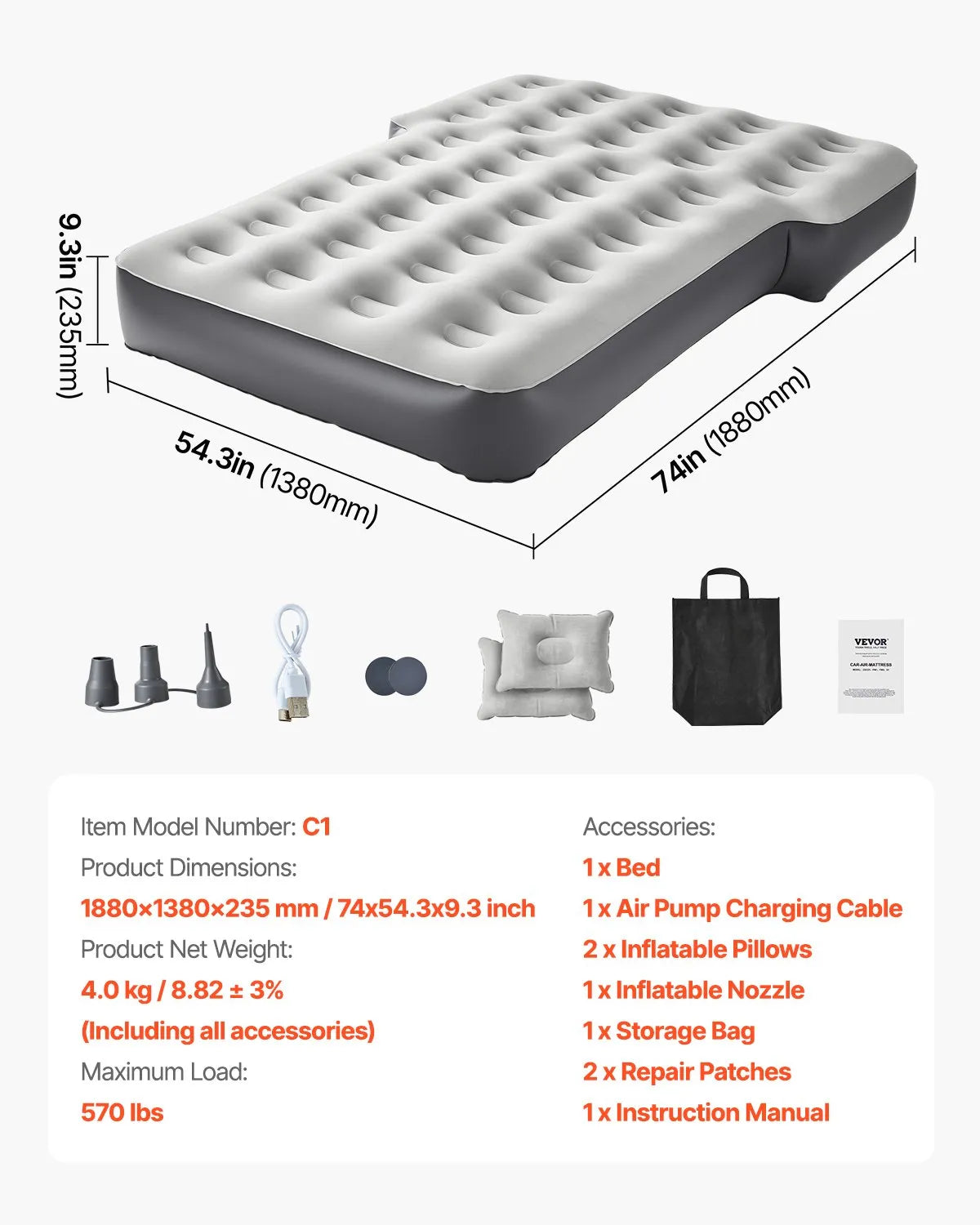 VEVOR Car Air Mattress Inflatable Car Camping Travel Sleeping Bed Built in Pump