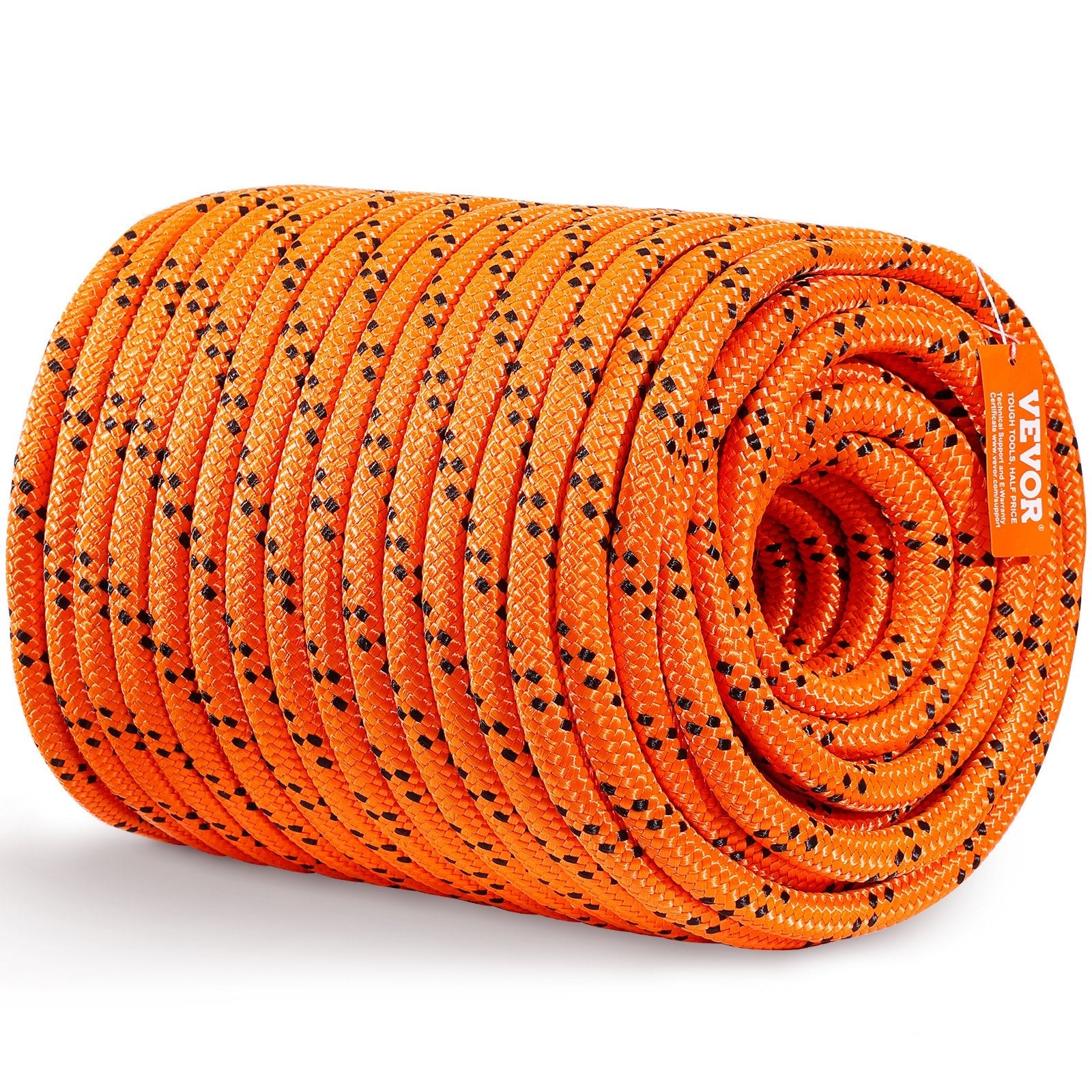 VEVOR Double Braided Polyester Rope, 3/4 in x 220 ft, 24 Strands, 20000 LBS Breaking Strength Outdoor Climbing Rope, Arborist Rigging Rope for Rock Hiking Camping Swing Rappelling Rescue, Orange/Black