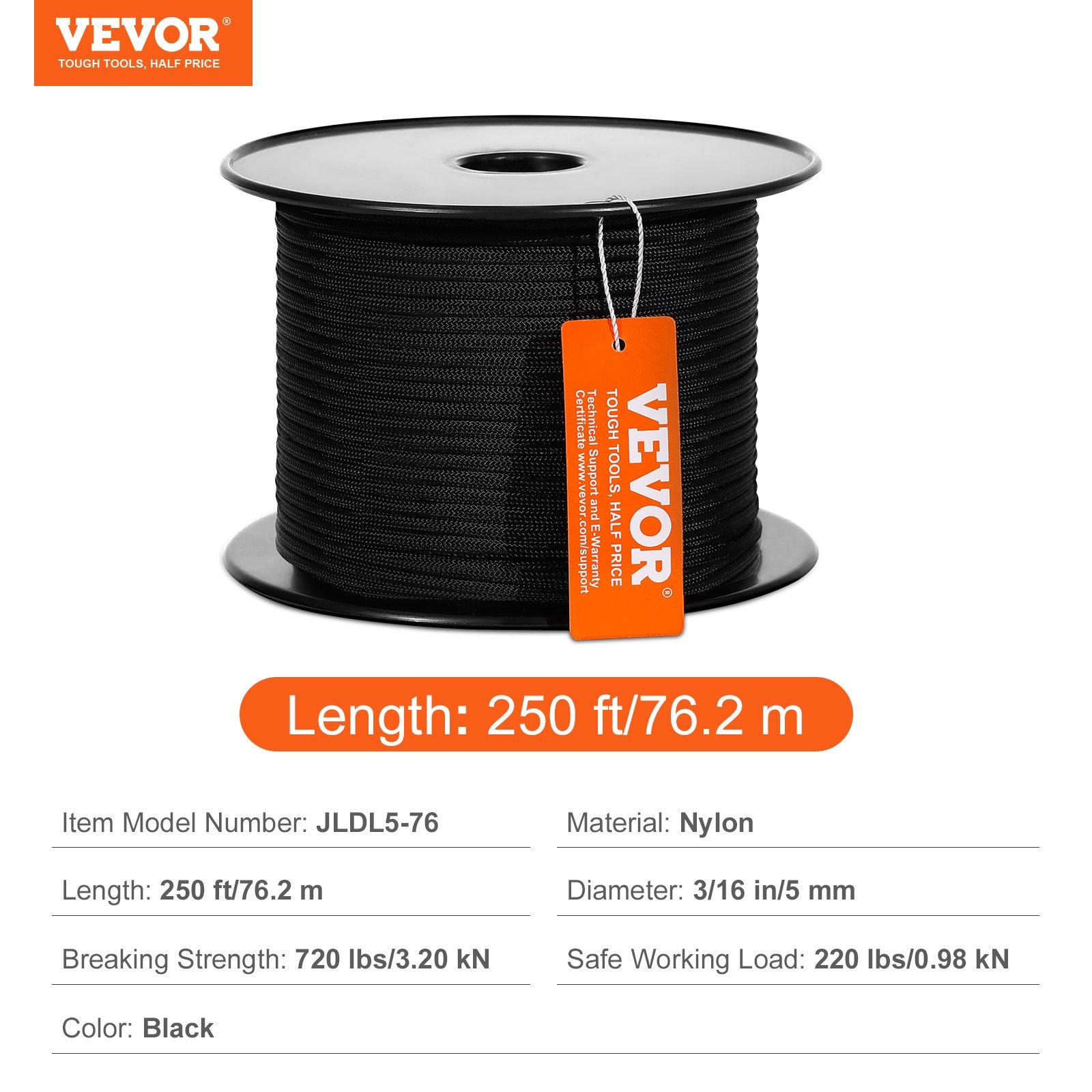 VEVOR Braided Nylon Rope, 3/16 in x 250 ft, 32 Strands, 720 LBS Breaking Strength Outdoor Climbing Rope, Arborist Tree Climbing Rigging Rope for Rock Hiking Camping Swing Rappelling Rescue, Black