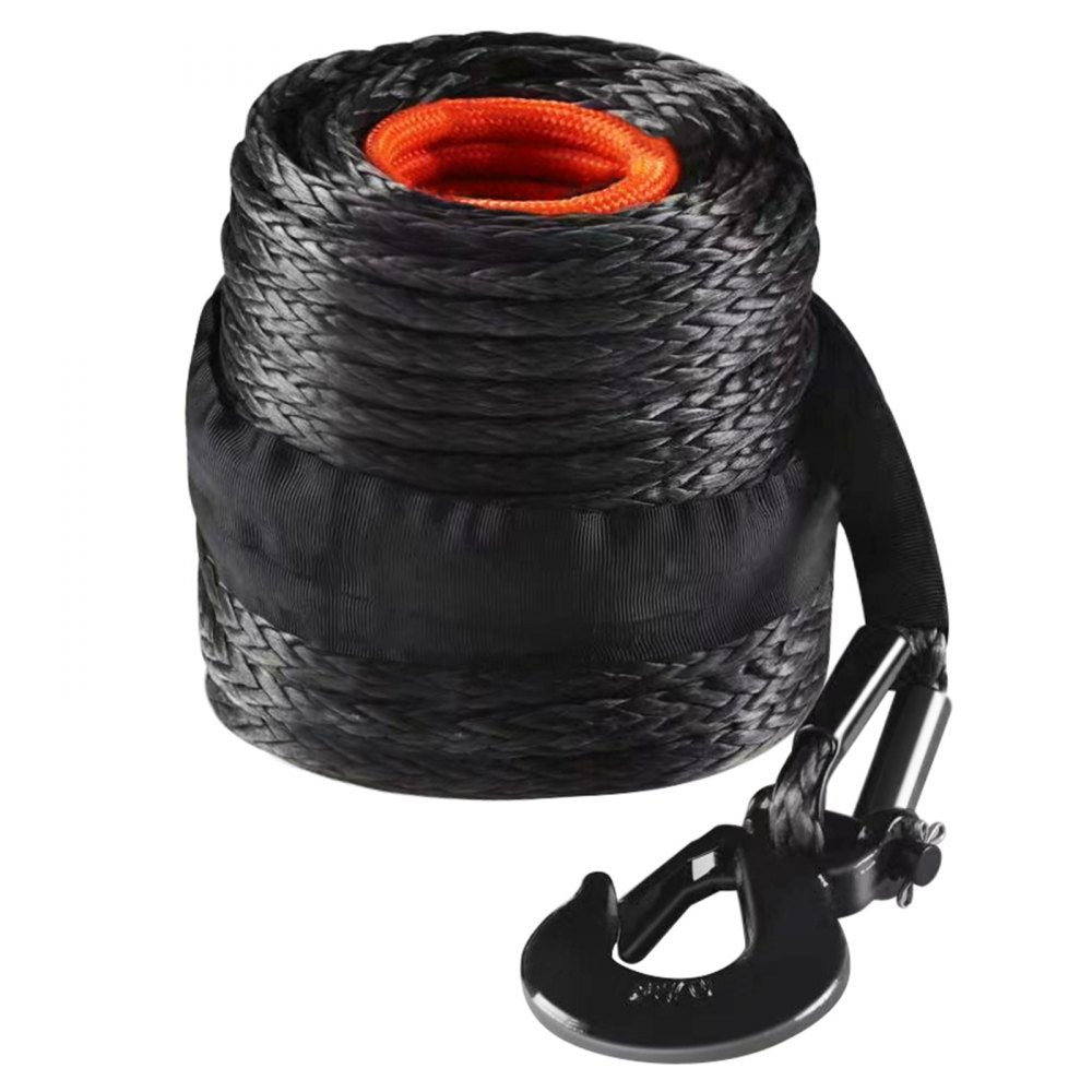 VEVOR Synthetic Winch Rope, 3/8 Inch x 100 Feet 26,500 lbs Synthetic Winch Line Cable Rope with Protective Sleeve + Forged Winch Hook + Pull Strap, Universal Fit for SUV, Large Off-Road Vehicle, Truck