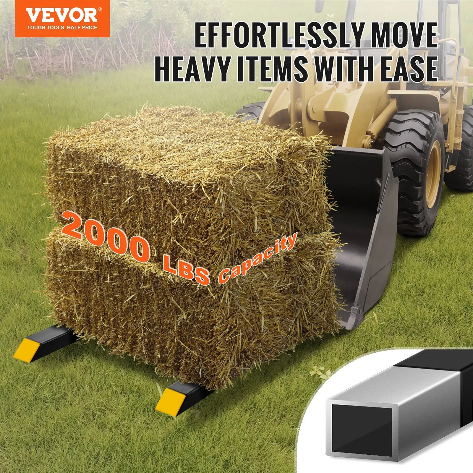 VEVOR Pallet Forks, 2000 lbs Tractor Bucket Forks, 60" Total Length Clamp on Pallet Forks with Adjustable Stabilizer bar, Heavy Duty Pallet Forks for Tractor Attachments, Skid Steer, Loader Bucket