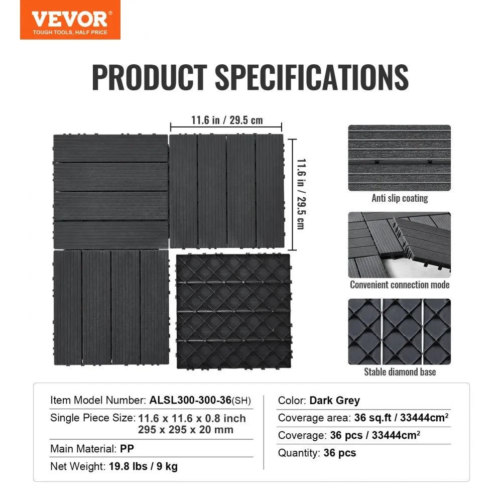 VEVOR Interlocking Deck Tiles 36 Pack 12"x12" Plastic for Porch Dark Grey