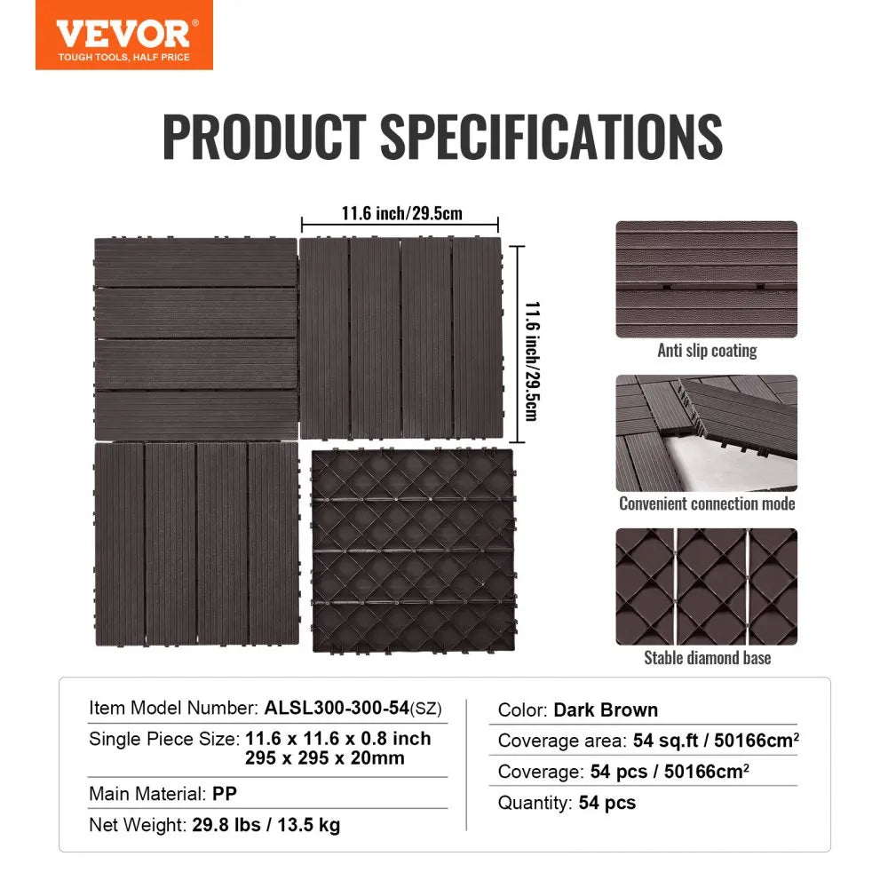 VEVOR Interlocking Deck Tiles 54 Pack 12"x12" Waterproof for Porch Dark Brown